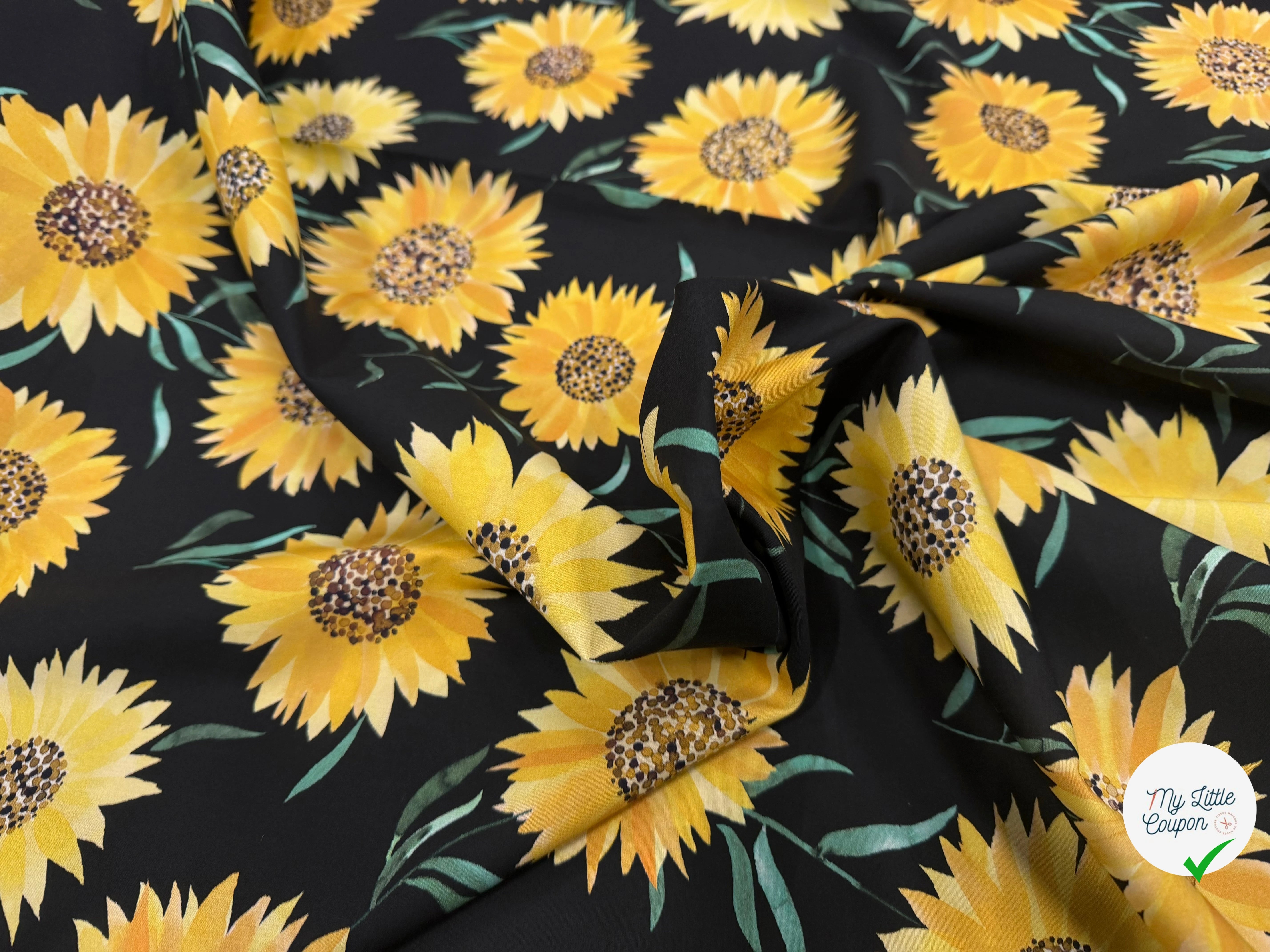(Chute) POPELINE  COTON DIGITAL SUNFLOWERS – BLACK - My Little Coupon