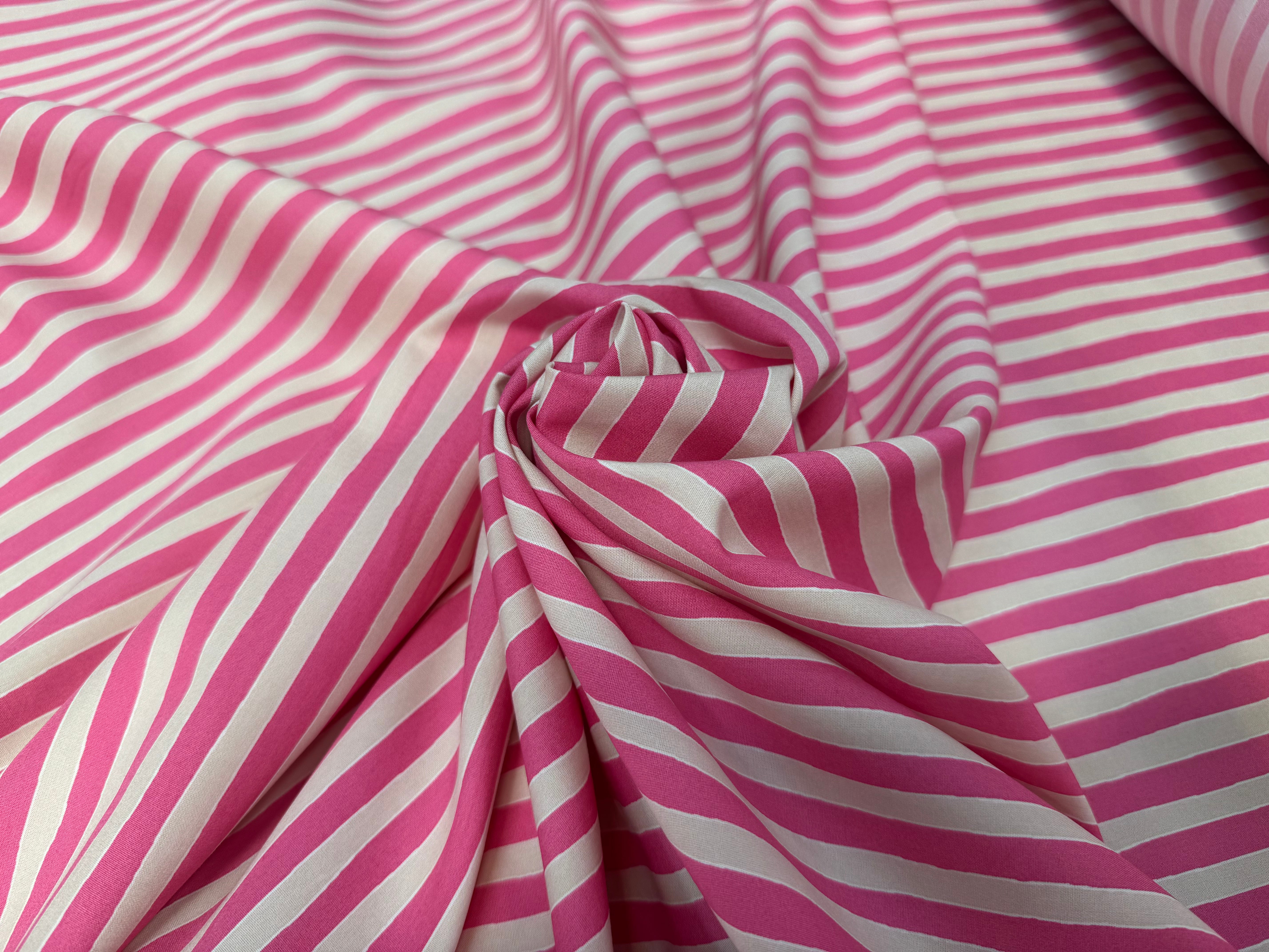 POPELINE DE COTON A RAYURES ROSE ET CREME - My Little Coupon