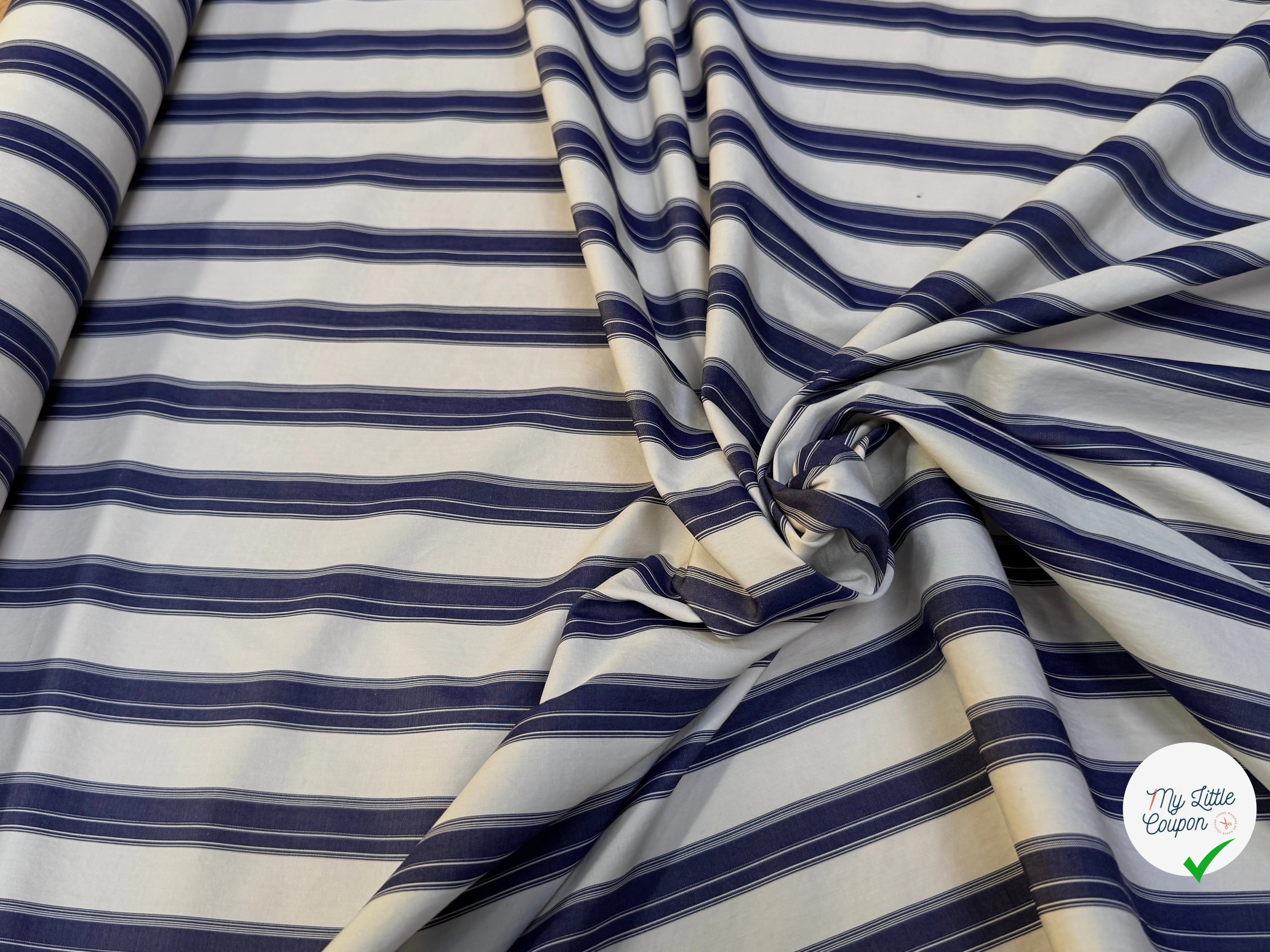 (Chute) POPELINE DE COTON GROSSE RAYURE NAVY BLANC - My Little Coupon