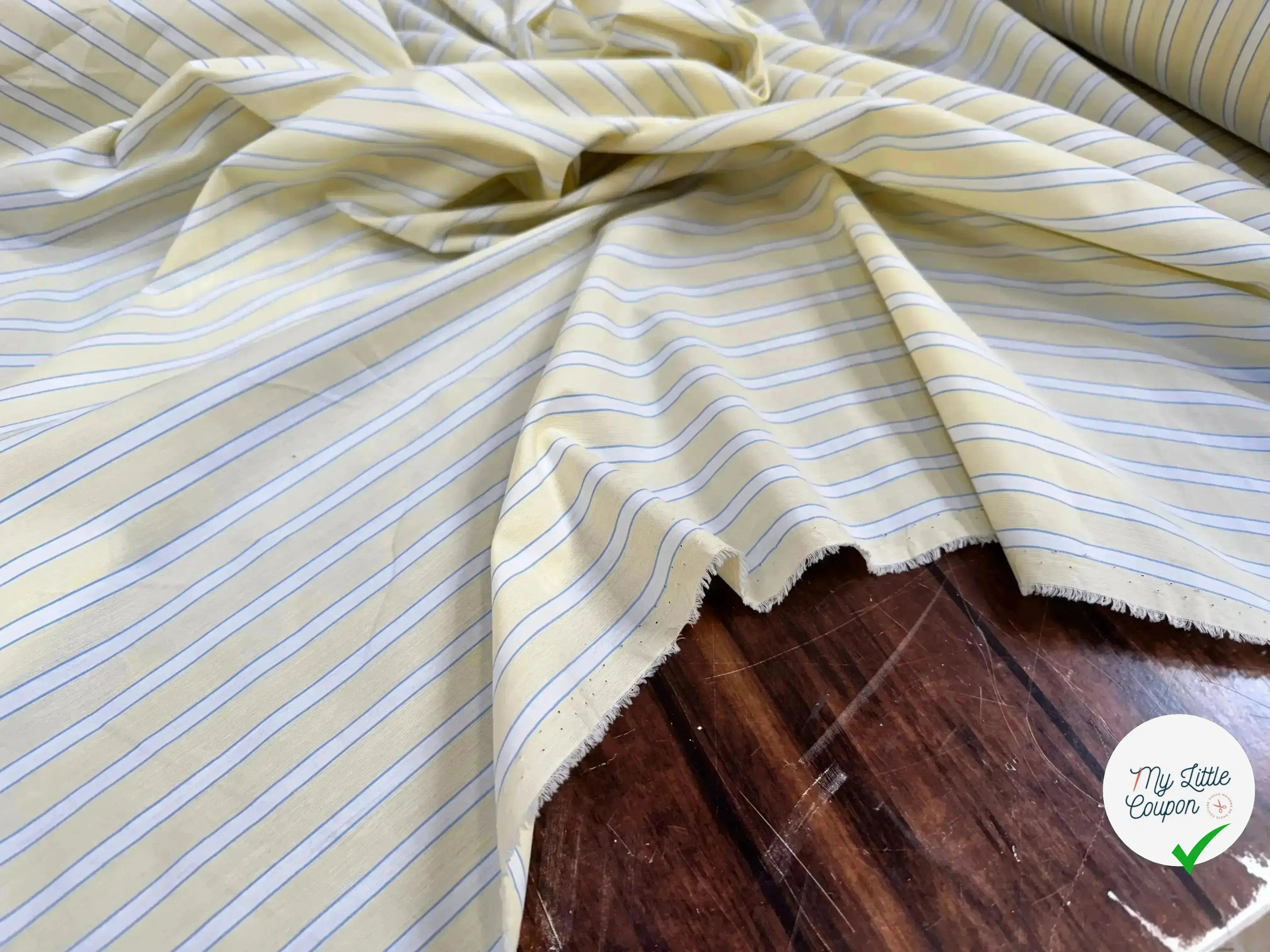 POPELINE DE COTON JAUNE À RAYURES BLANCHES ET BLEU - My Little Coupon