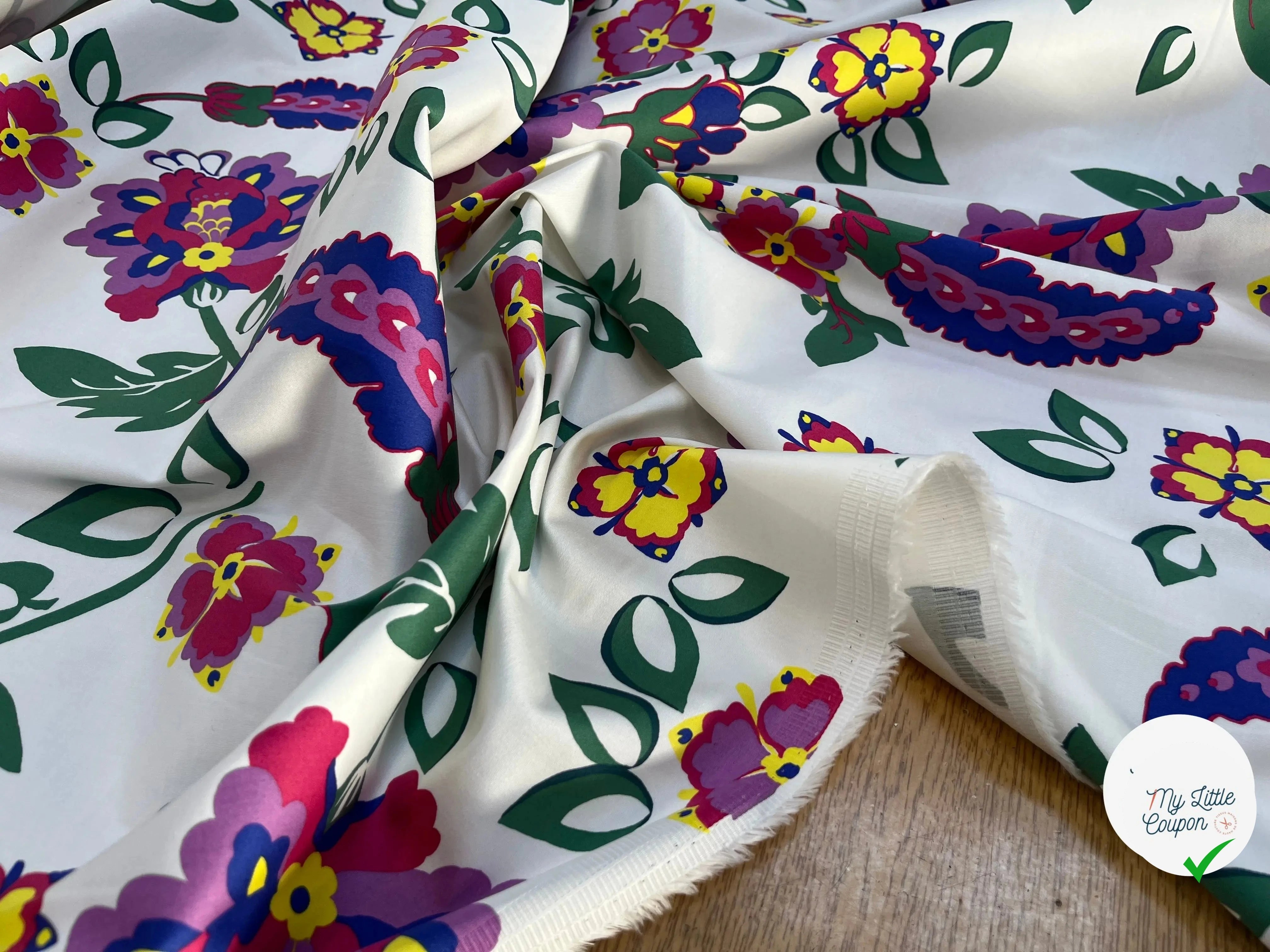 SATIN DE COTON STRETCH FLEURS MULTICOLORES - My Little Coupon