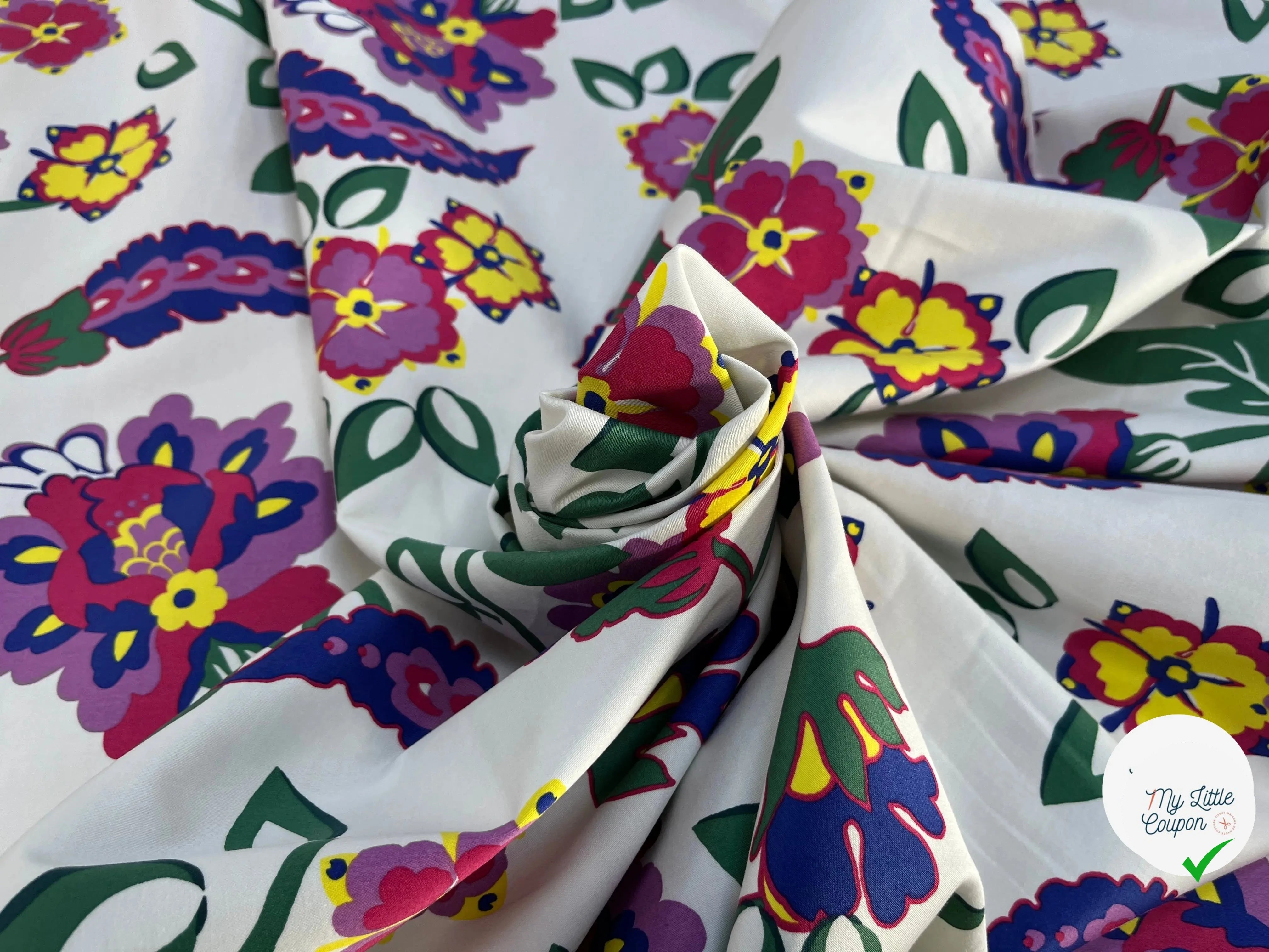 SATIN DE COTON STRETCH FLEURS MULTICOLORES - My Little Coupon