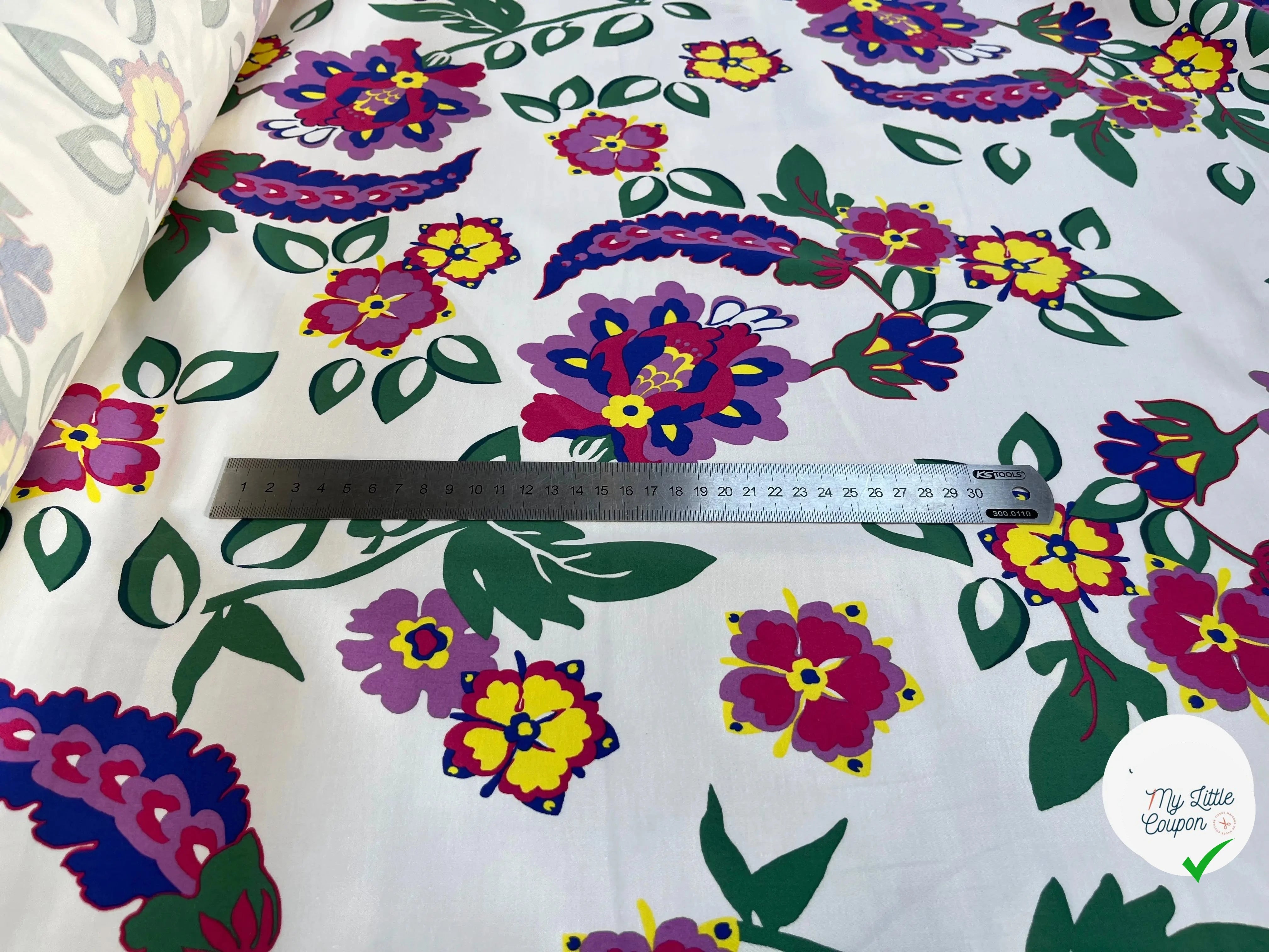 SATIN DE COTON STRETCH FLEURS MULTICOLORES - My Little Coupon
