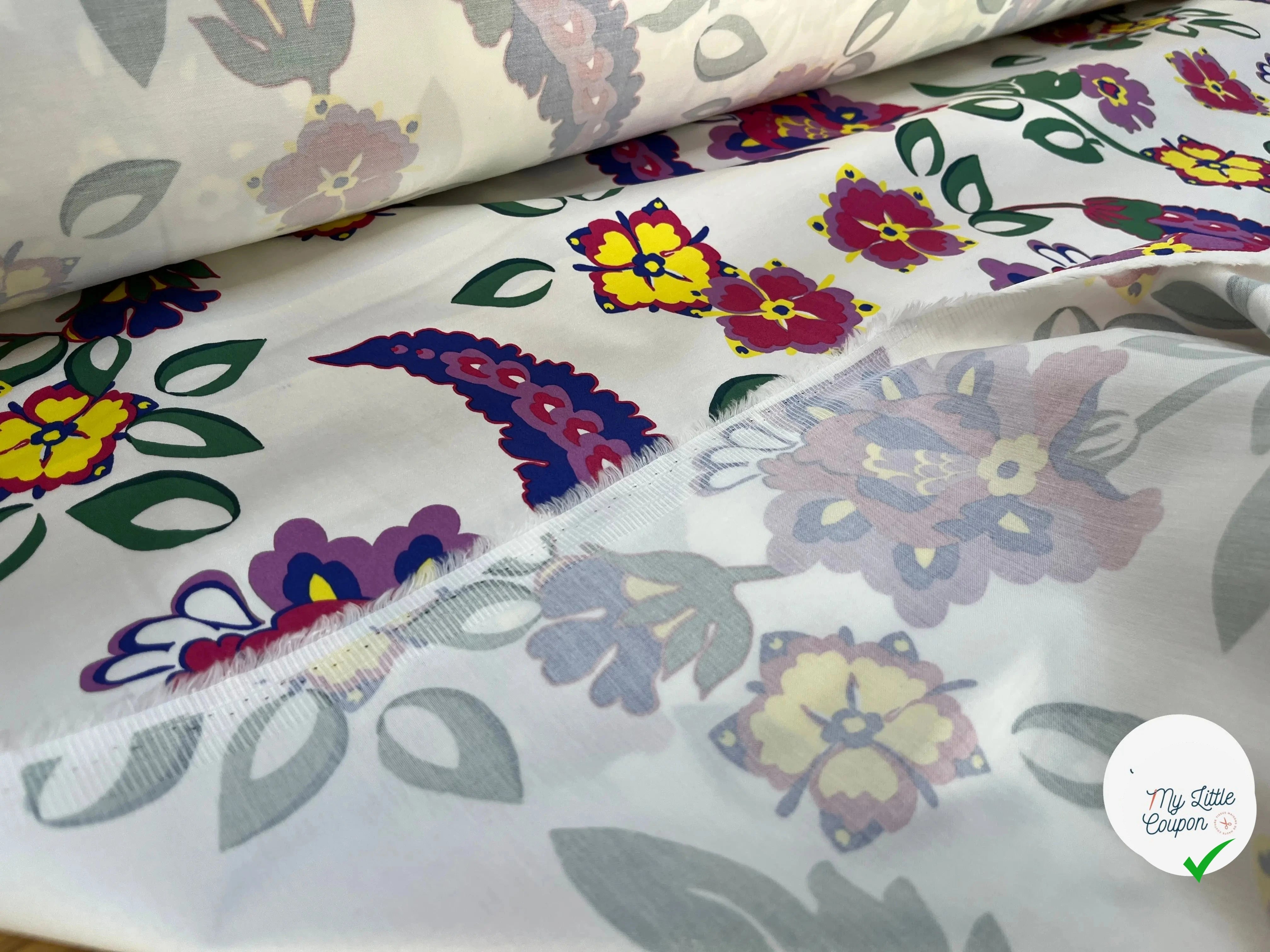 SATIN DE COTON STRETCH FLEURS MULTICOLORES - My Little Coupon