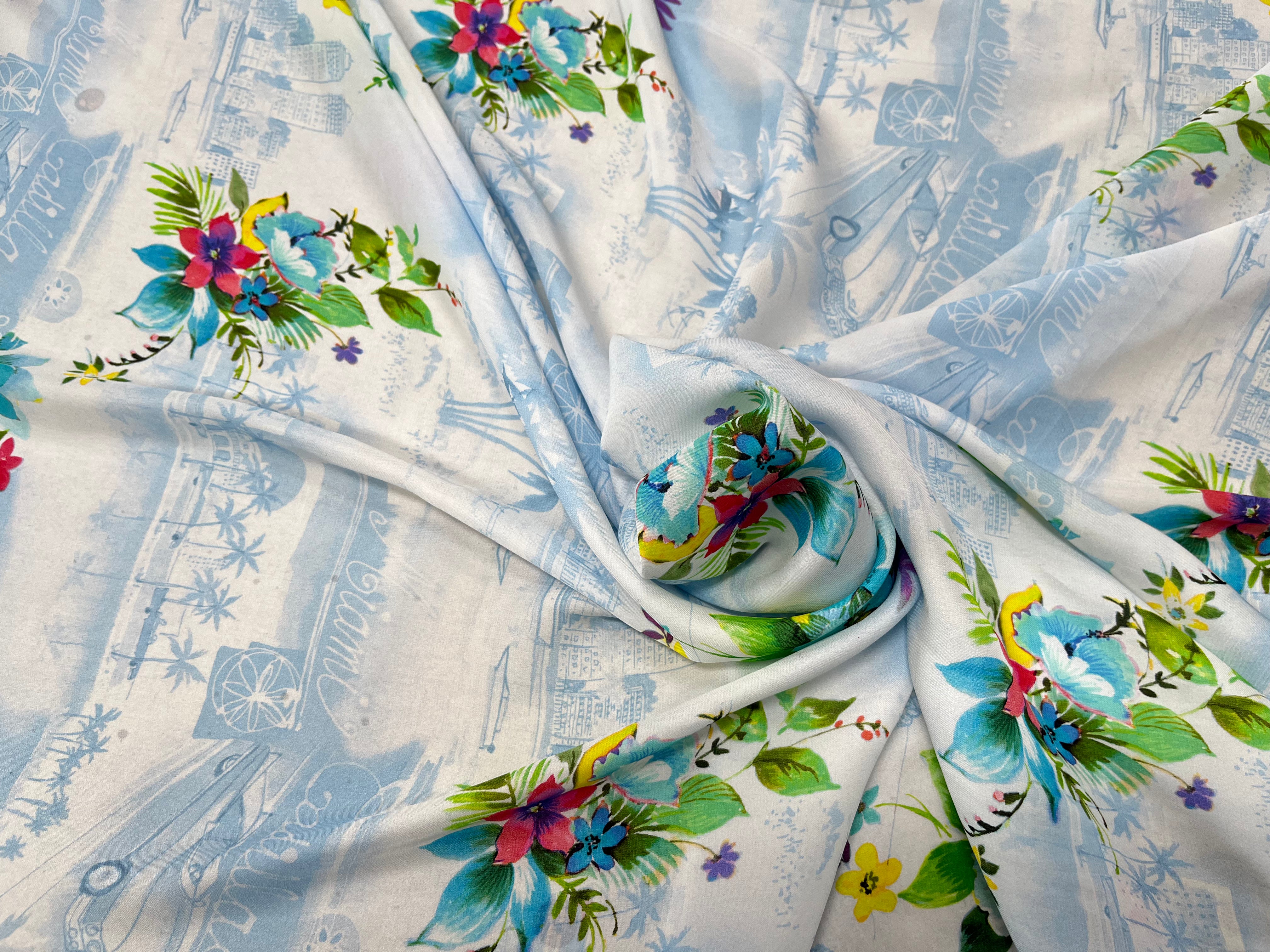 SATIN FLEURS AND CITY IMPRIMÉ TENDANCE BLEU - My Little Coupon