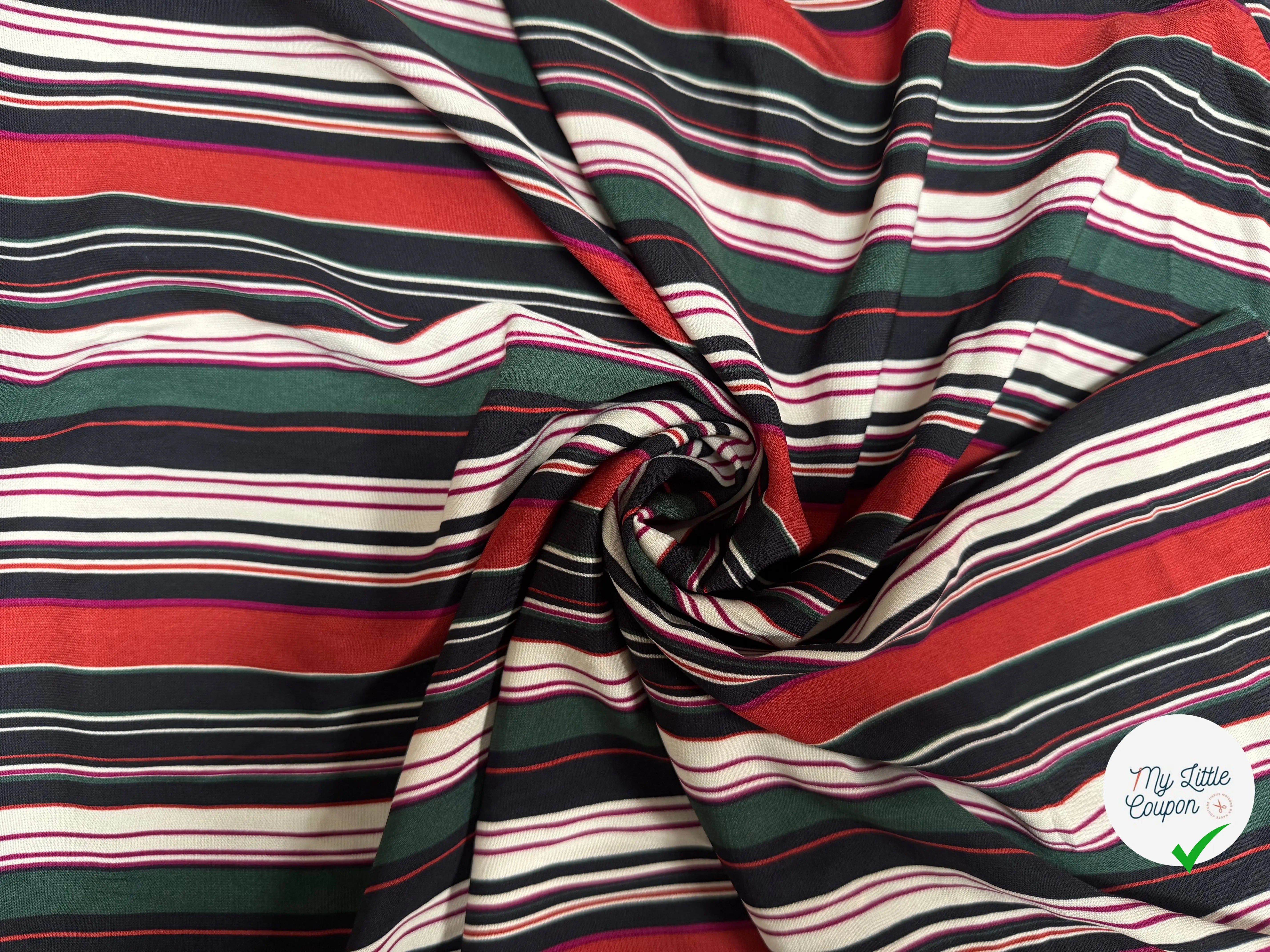 (Chute) TISSU FLUIDE À MOTIFS RAYURES BLANC VERT NOIR ET ROUGE - My Little Coupon
