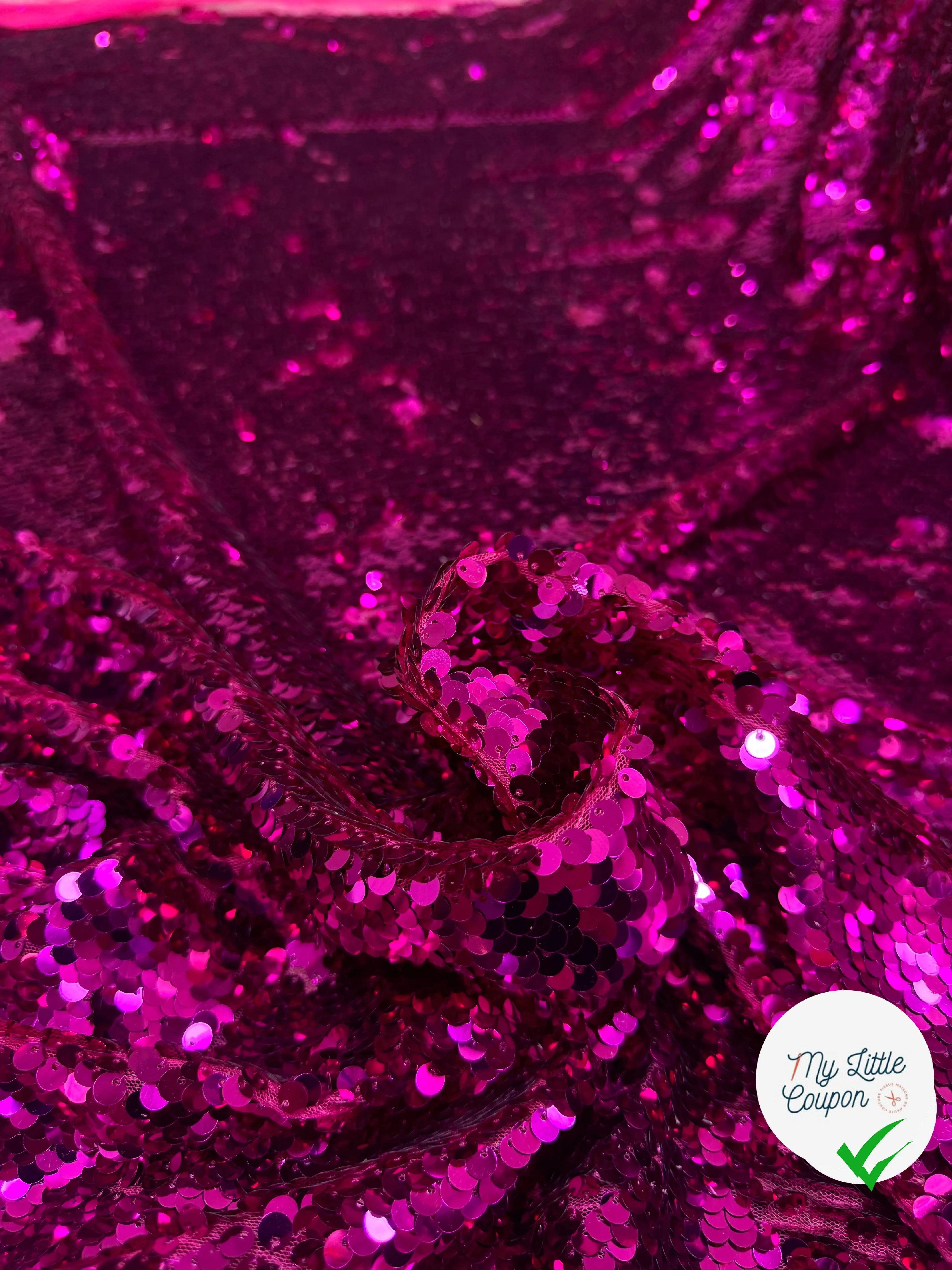 TISSU SEQUIN PAILLETTES SUR TULLE FUCHSIA - My Little Coupon