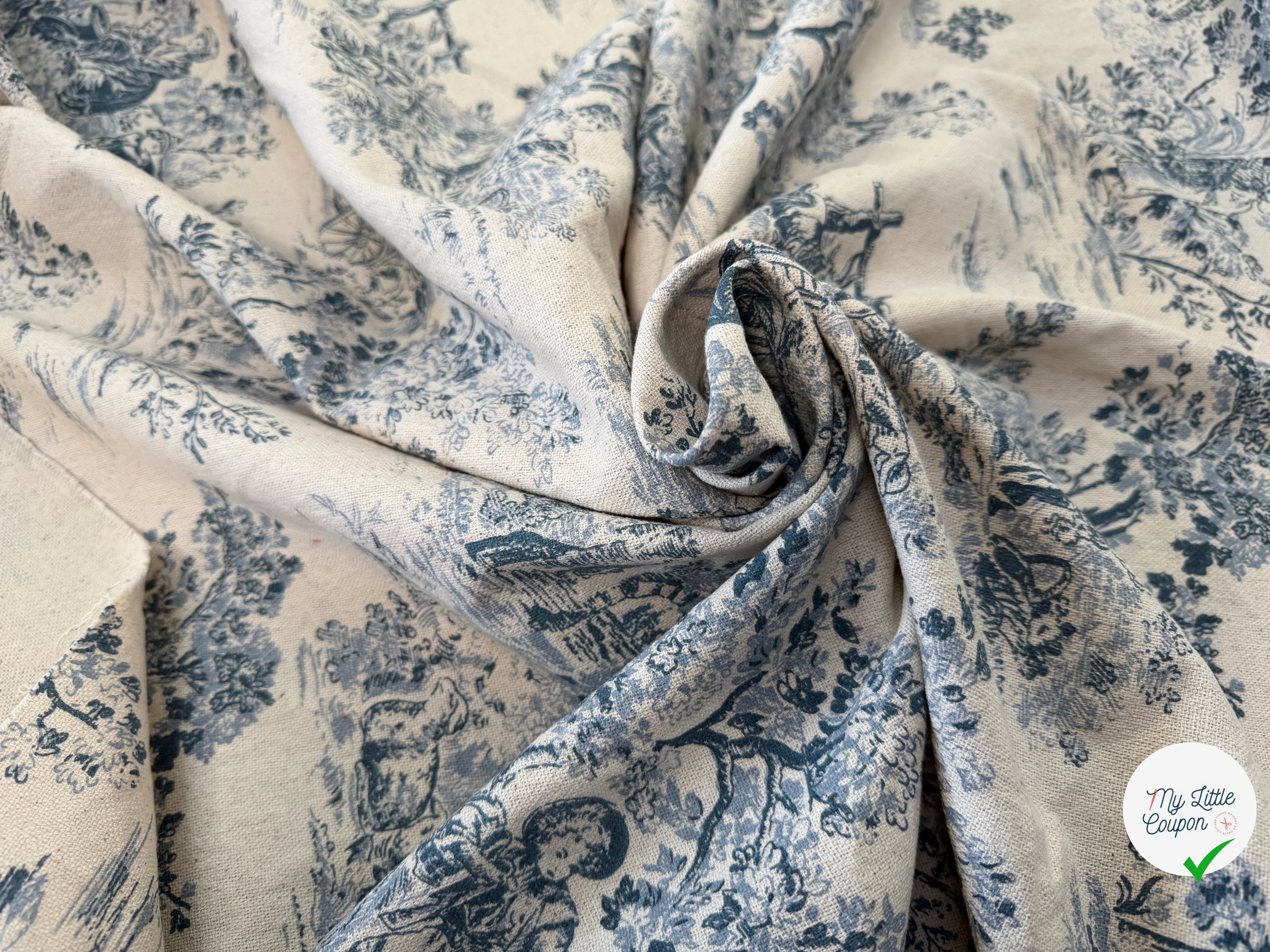 TOILE COTON GABRIELLE EFFET LIN BLEU - My Little Coupon