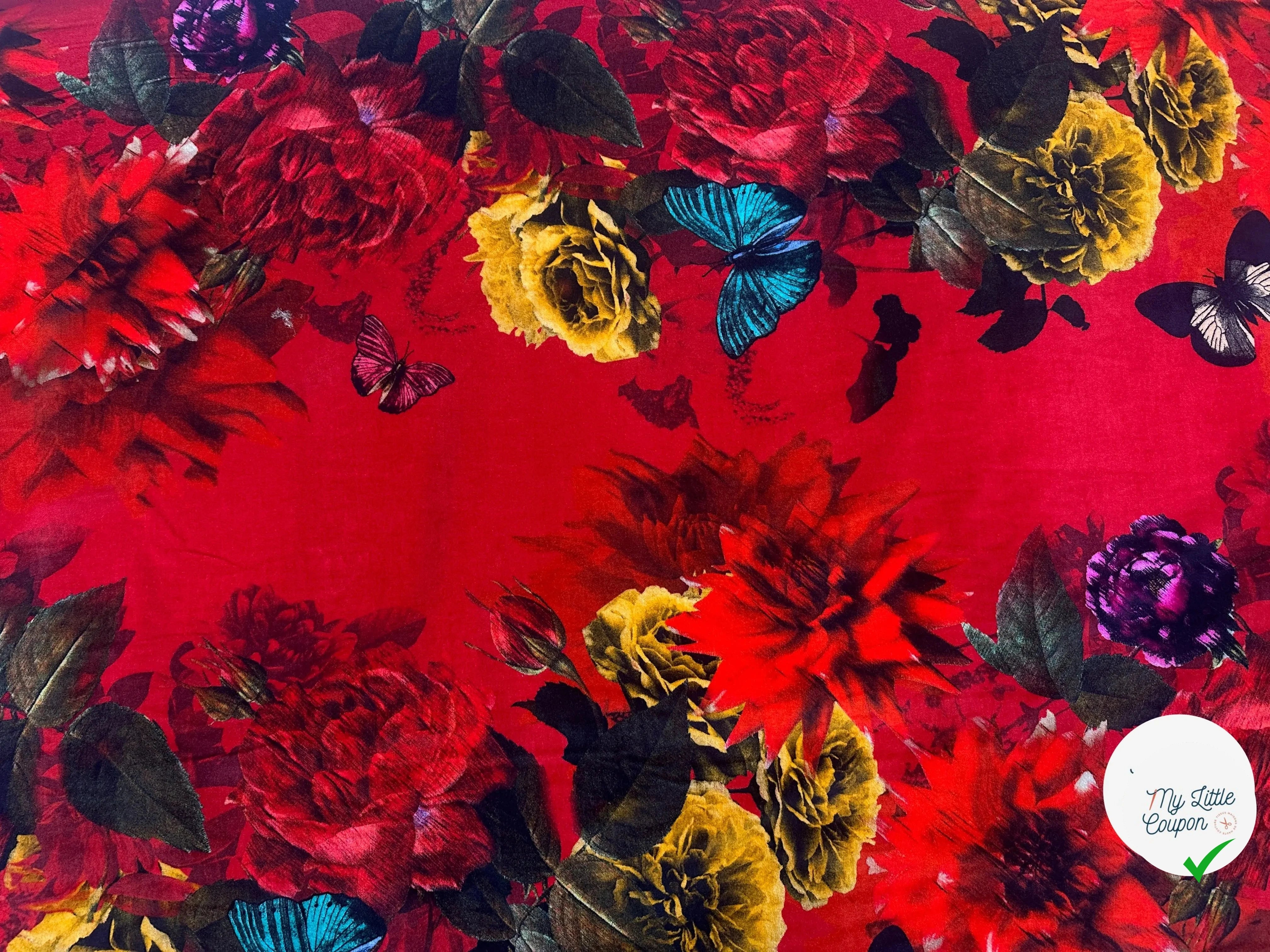 VELOURS DE COTON IMPRIMÉ FLORAL ET PAPILLONS ROUGE MLC INTERN