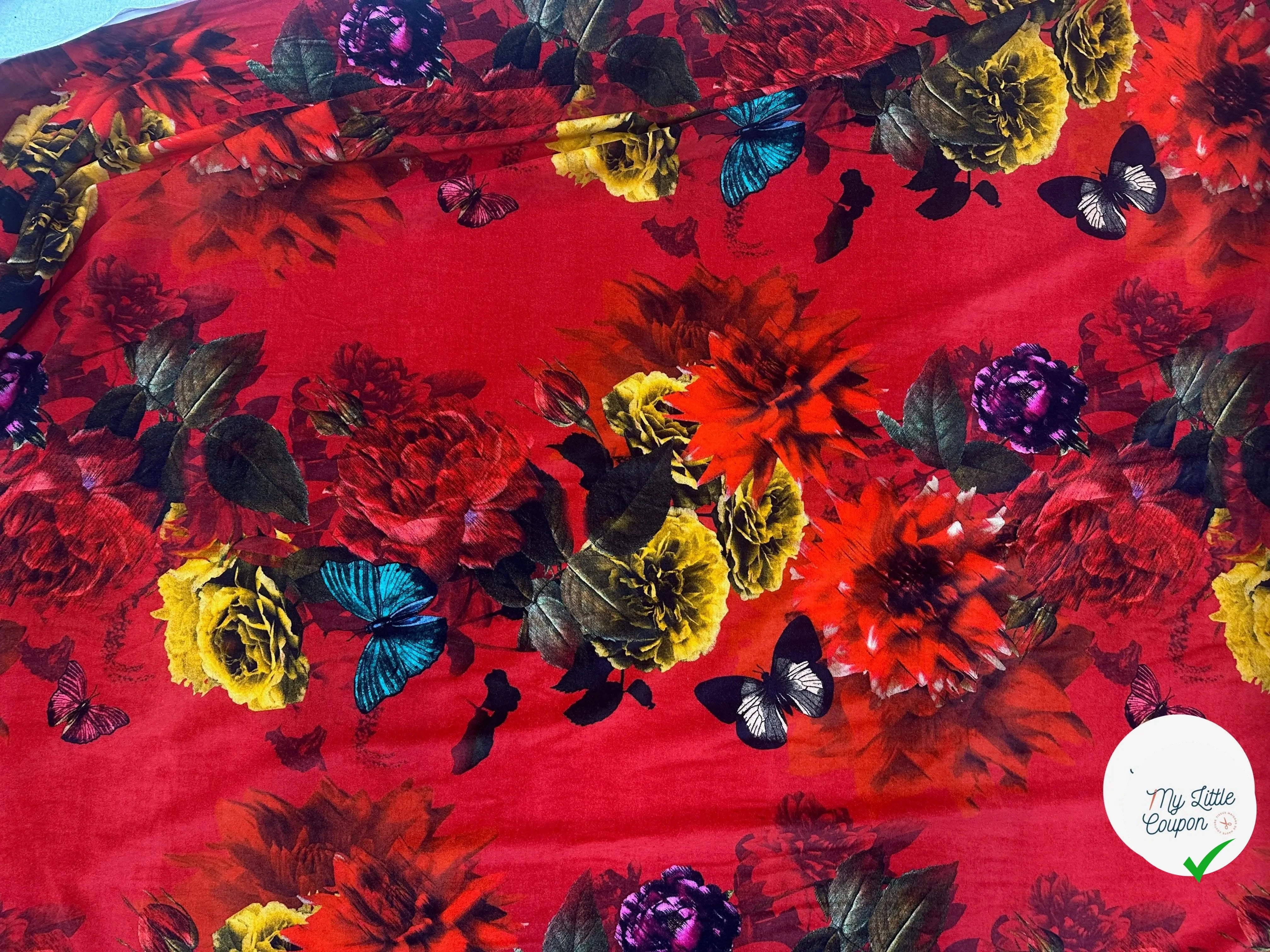 VELOURS DE COTON IMPRIMÉ FLORAL ET PAPILLONS ROUGE MLC INTERN