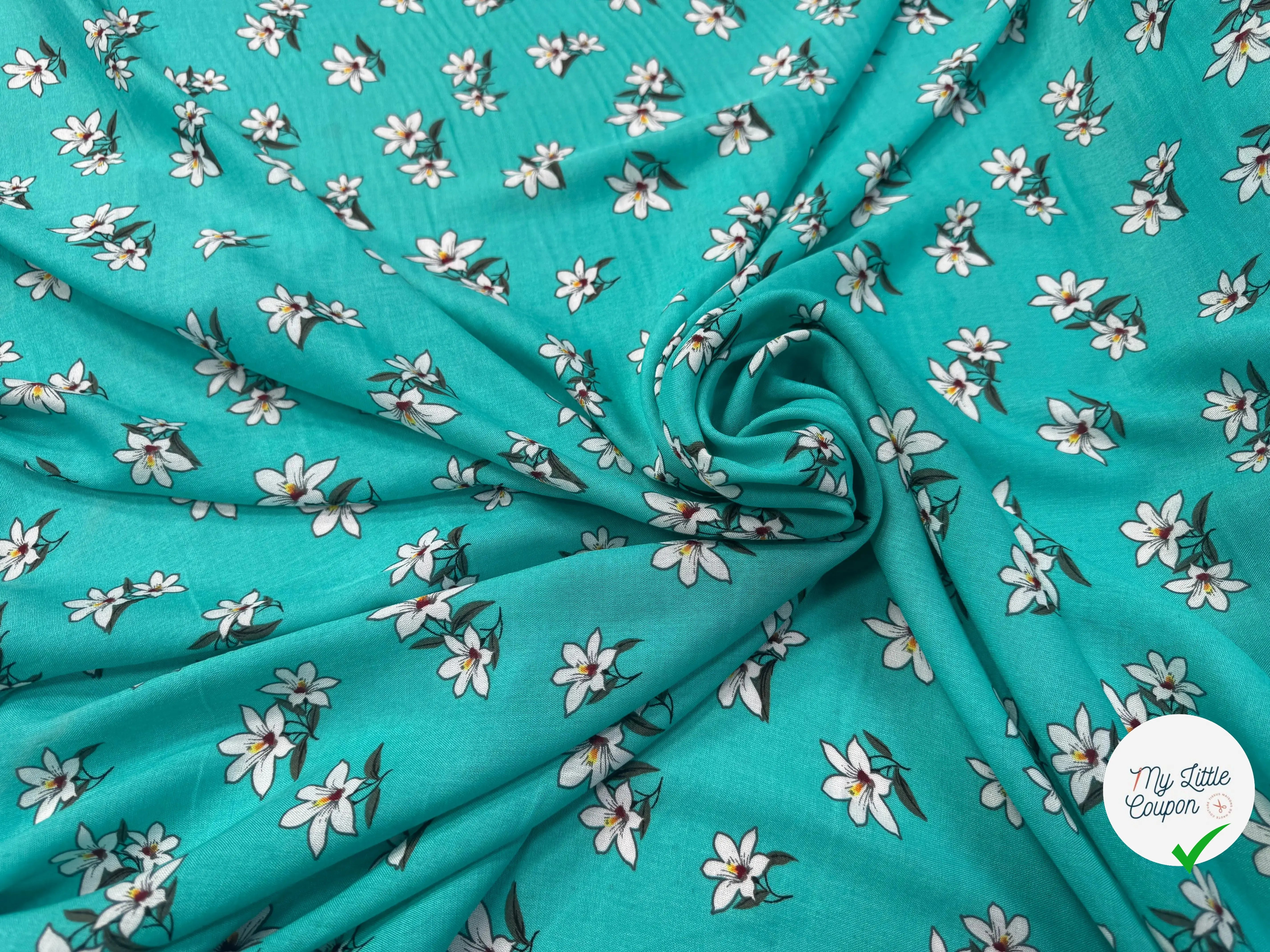 VISCOSE À MOTIF D'HIBISCUS À FOND TURQUOISE - My Little Coupon