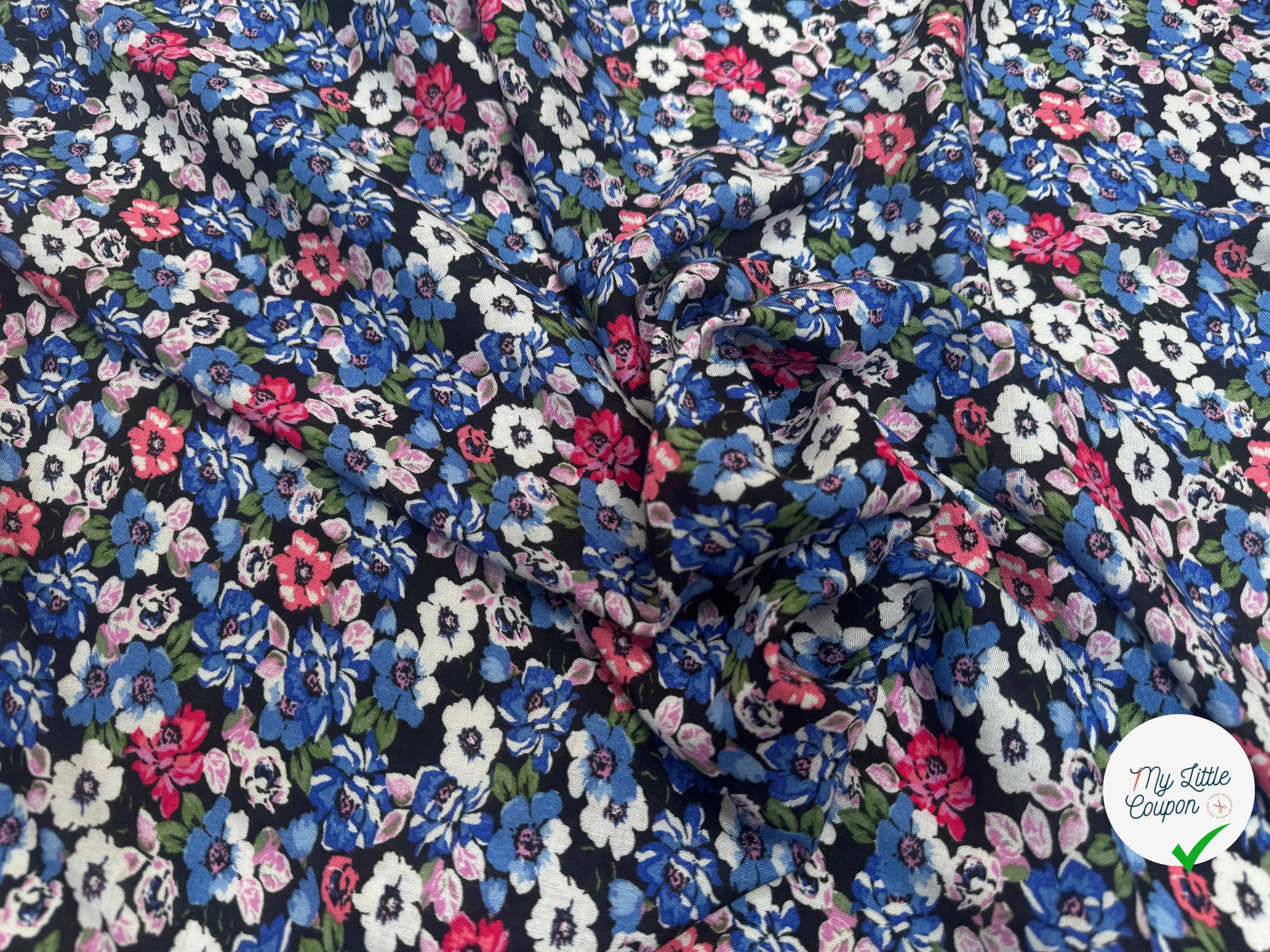 VISCOSE À MOTIFS FLORAUX ROSES ET BLEUES - My Little Coupon
