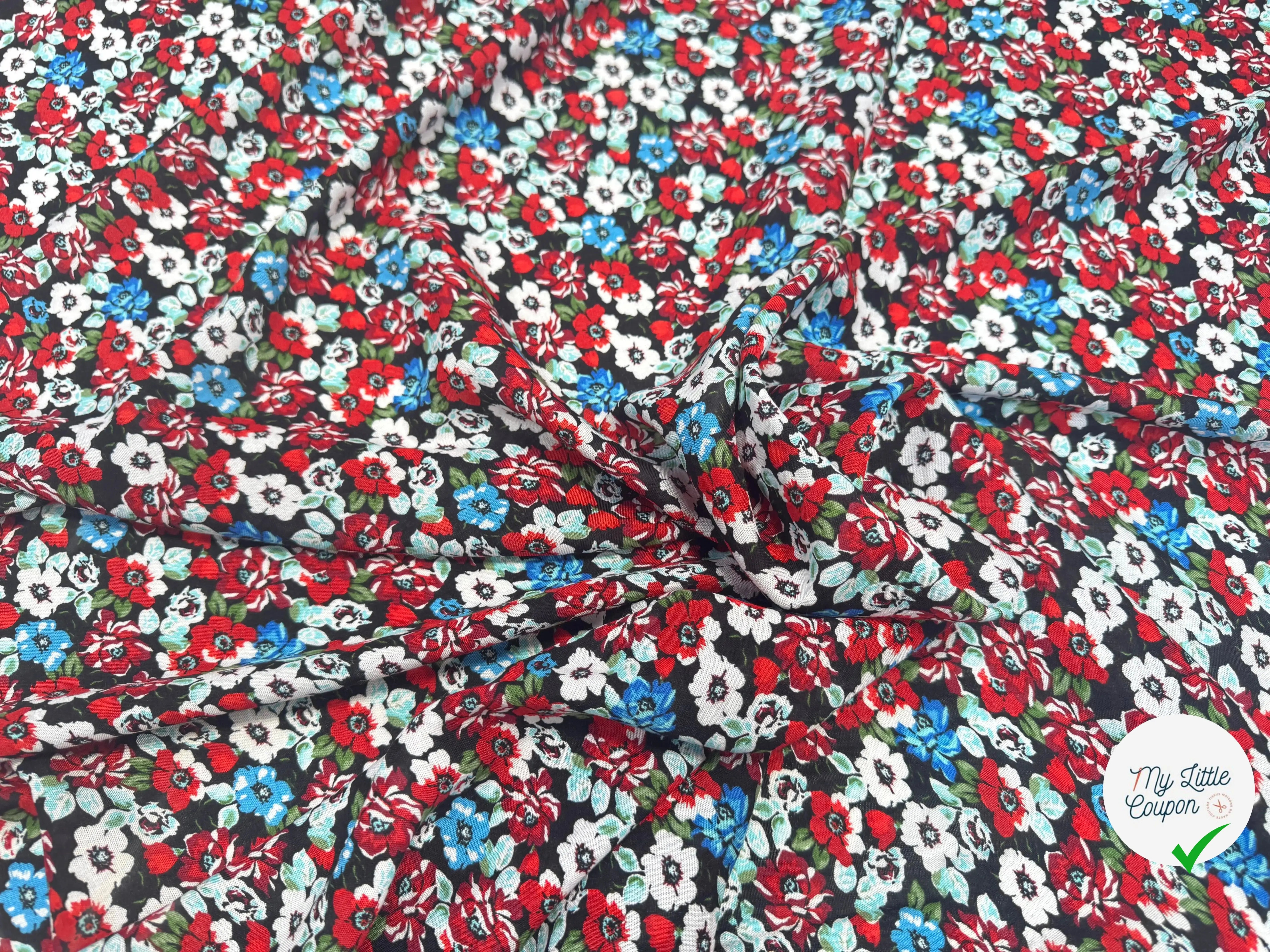VISCOSE À MOTIFS FLORAUX ROUGES ET BLEUES - My Little Coupon