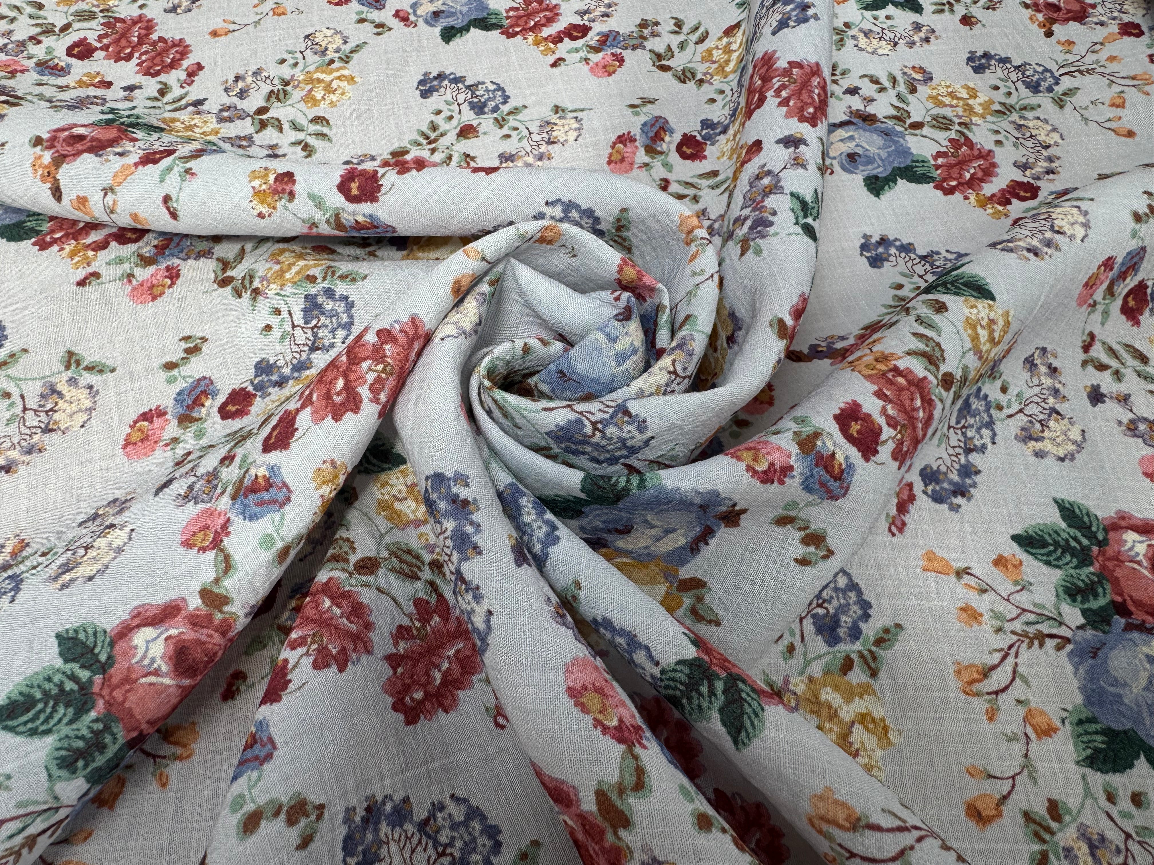 VISCOSE EFFET LIN FOND BLEU MOTIFS FLEURS - My Little Coupon