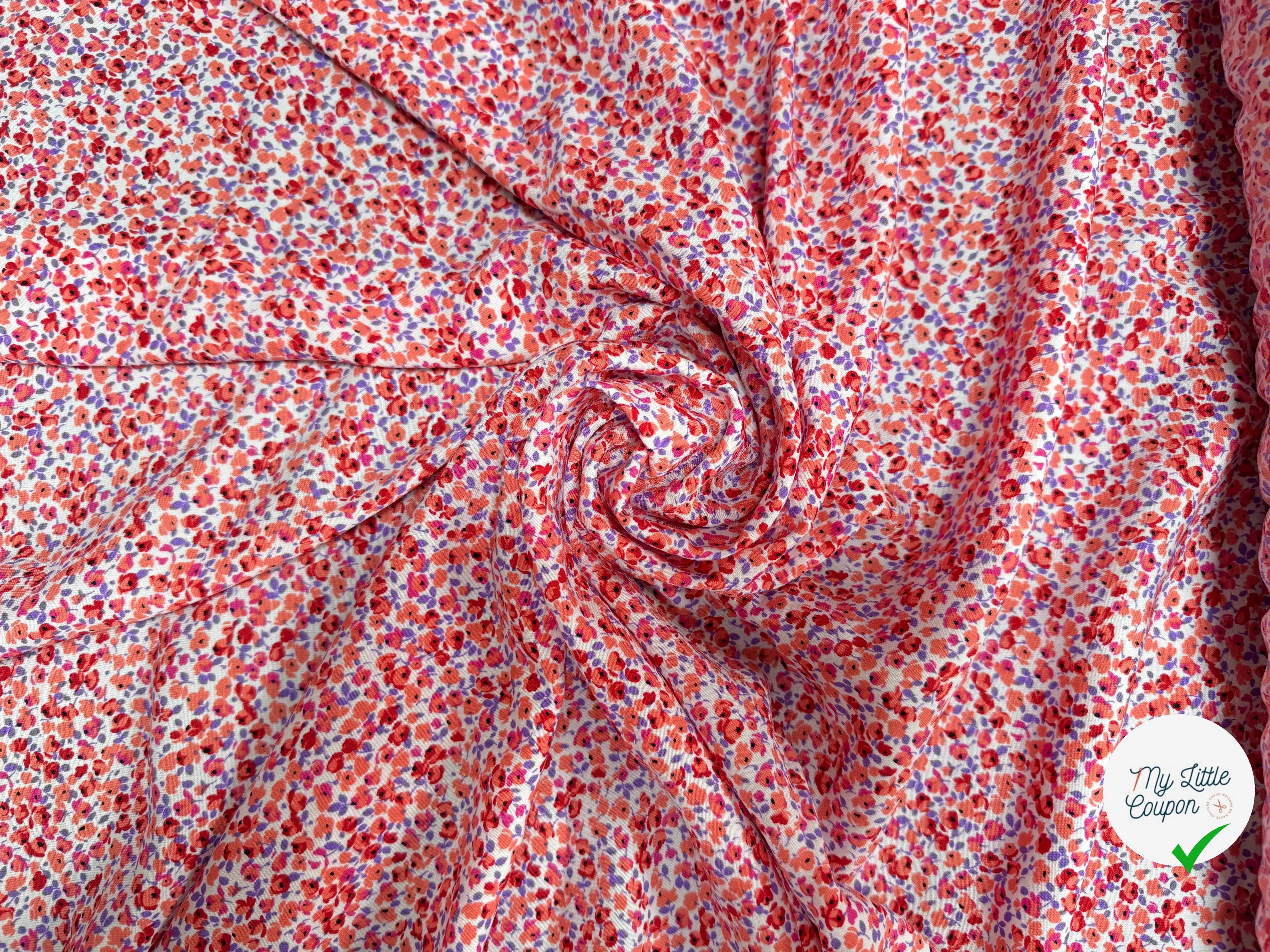 VISCOSE IMPRIMÉ MOTIF PETITES FLEURS ORANGE ROUGE VIOLET - My Little Coupon