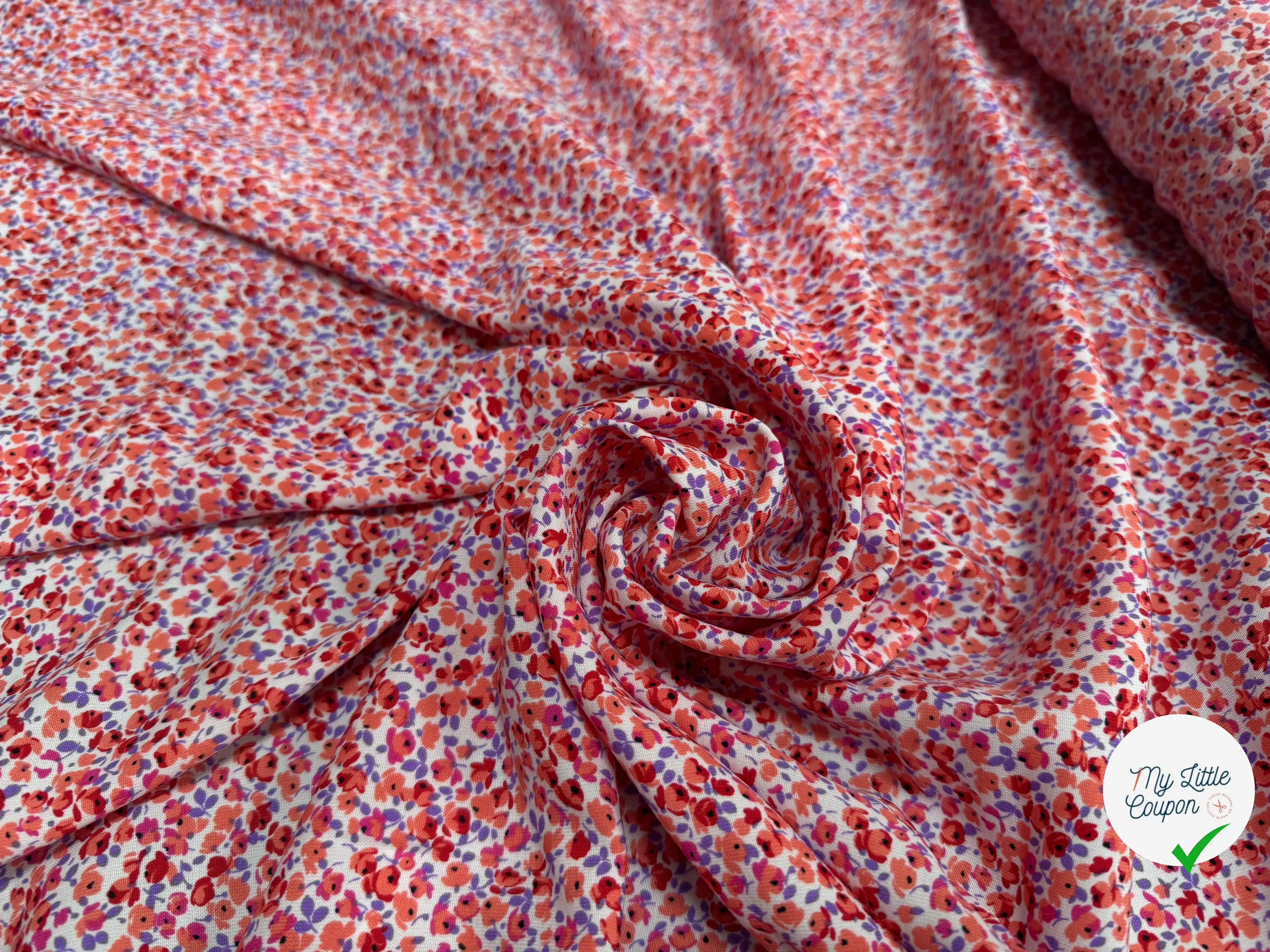 VISCOSE IMPRIMÉ MOTIF PETITES FLEURS ORANGE ROUGE VIOLET - My Little Coupon