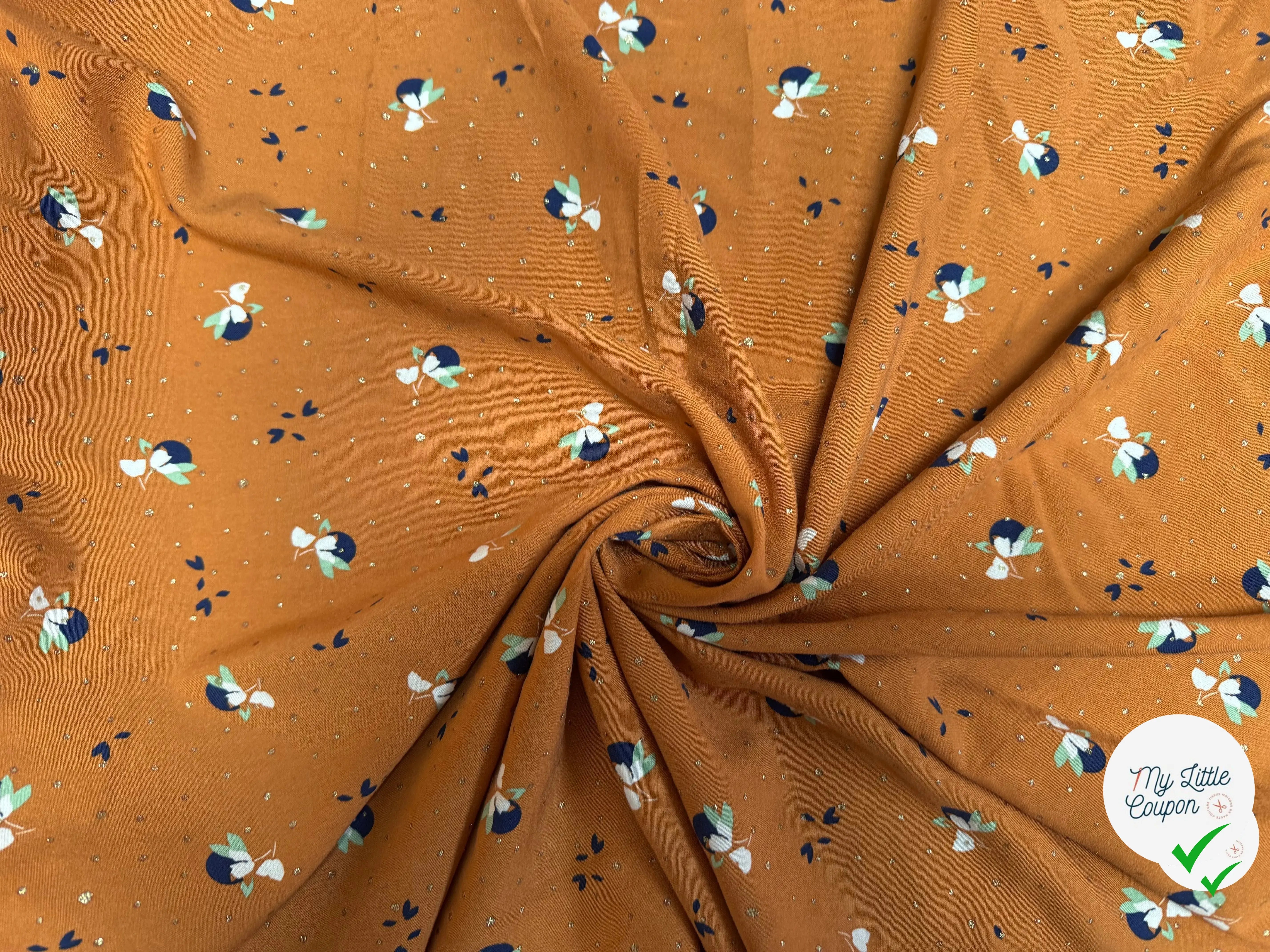 VISCOSE ORANGE CITROUILLE AVEC MOTIFS FLEURS ET TRASS DORÉS - My Little Coupon