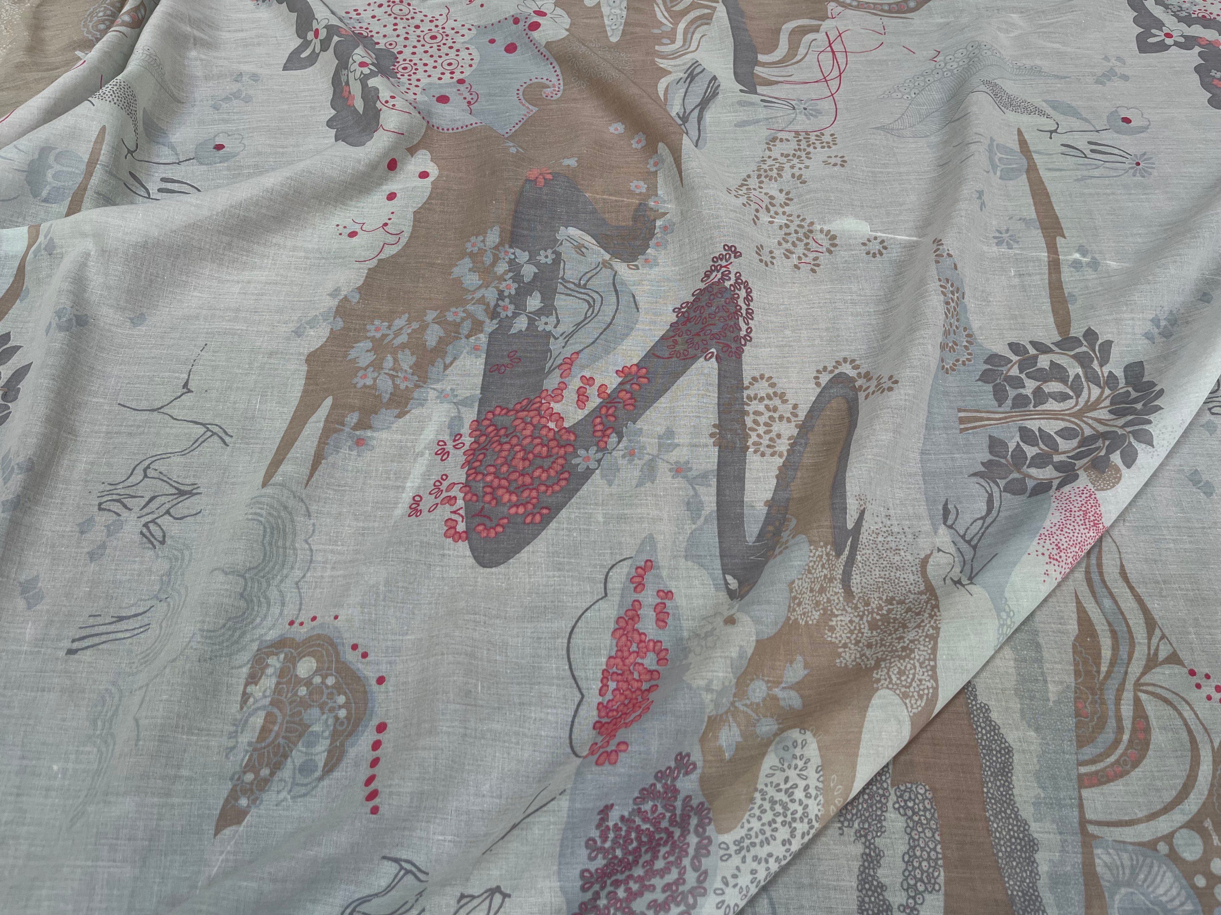 VOILE DE COTON ROSACE FLORALE MULTICOLORE FOND GRIS - My Little Coupon
