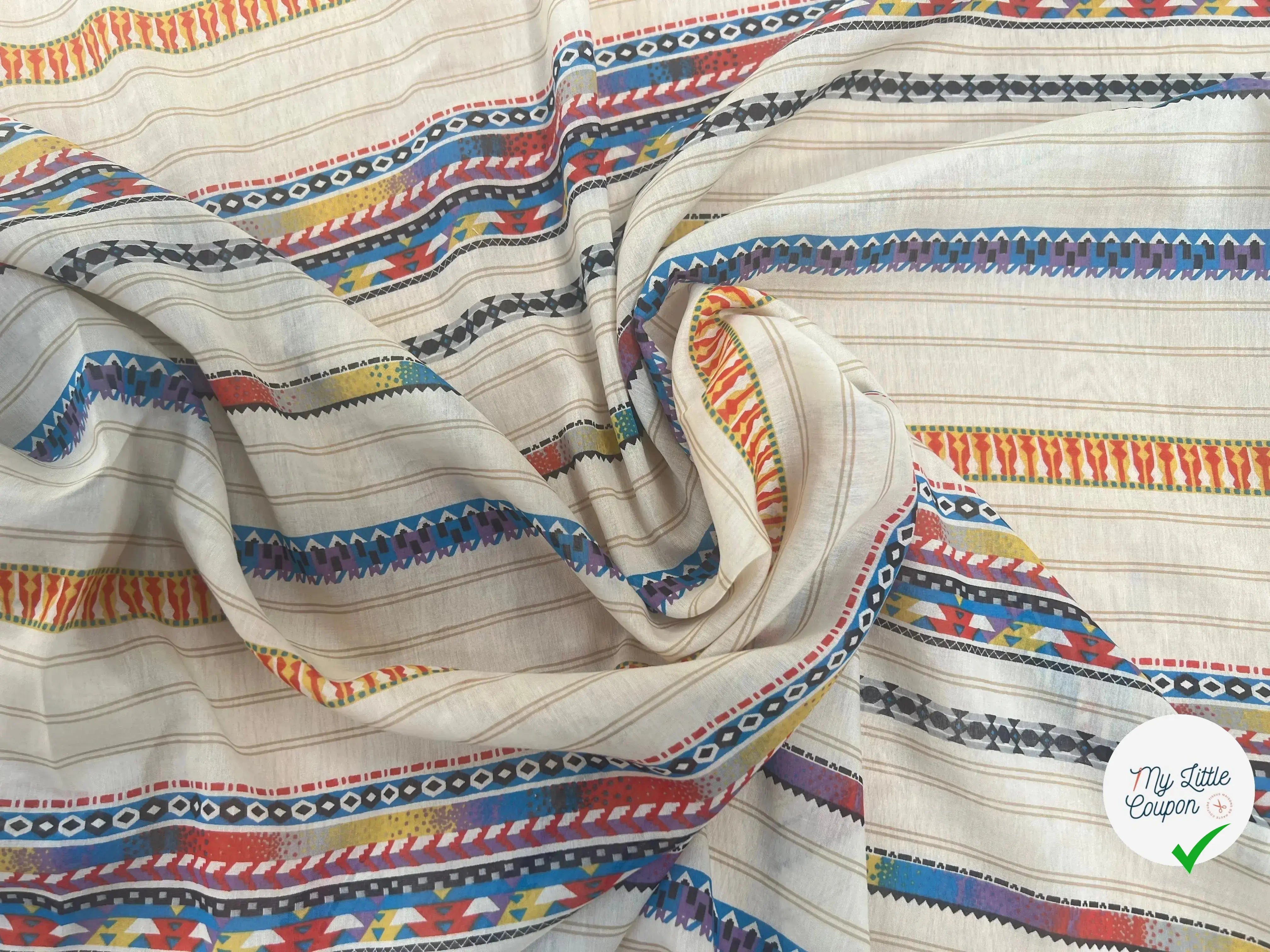 VOILE DE COTON SOIE FOND BEIGE MOTIFS HIPPIE - My Little Coupon