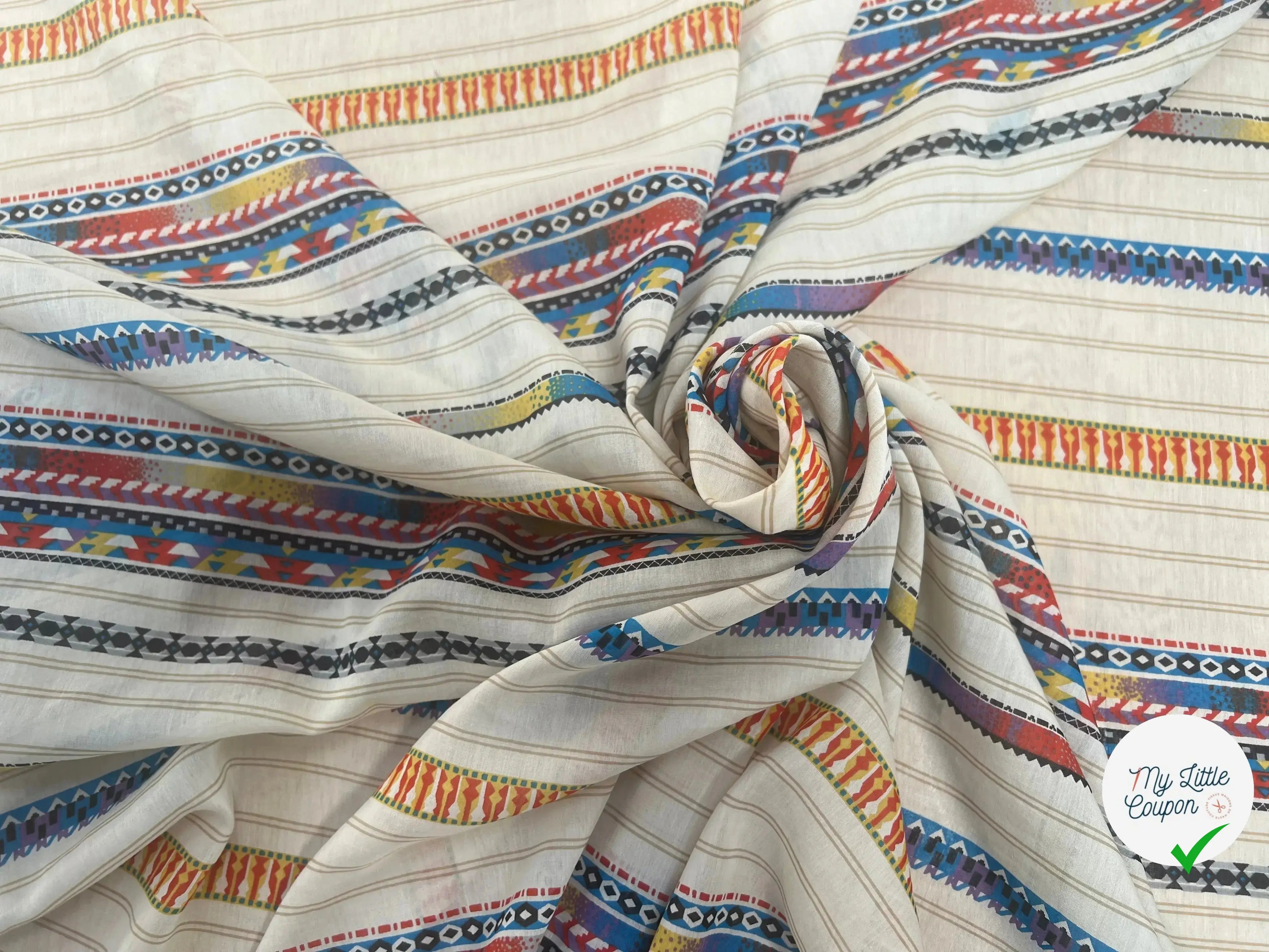 VOILE DE COTON SOIE FOND BEIGE MOTIFS HIPPIE - My Little Coupon