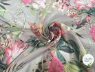 VOILE SOIE VISCOSE FOND GRIS FLEURS ORANGES - My Little Coupon