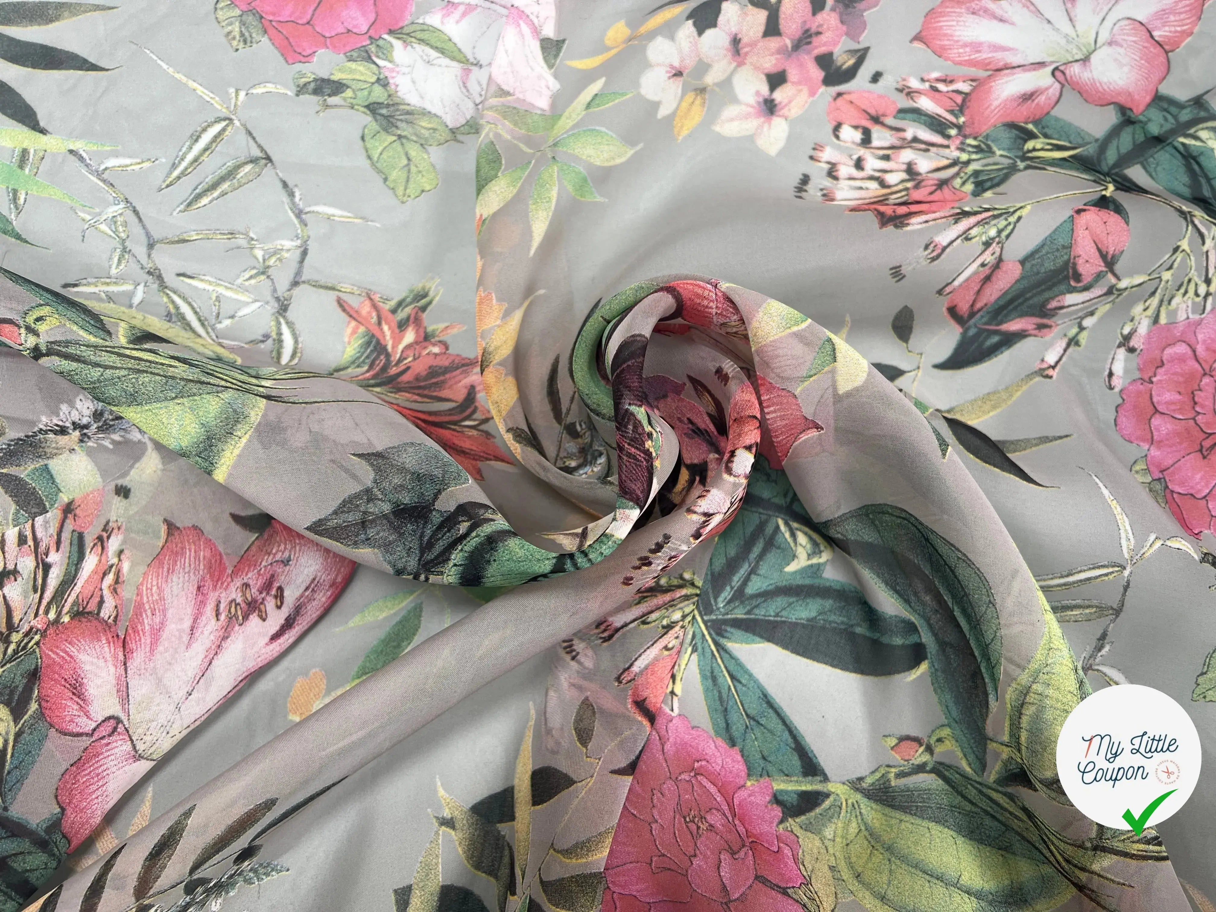 VOILE SOIE VISCOSE FOND GRIS FLEURS ORANGES - My Little Coupon