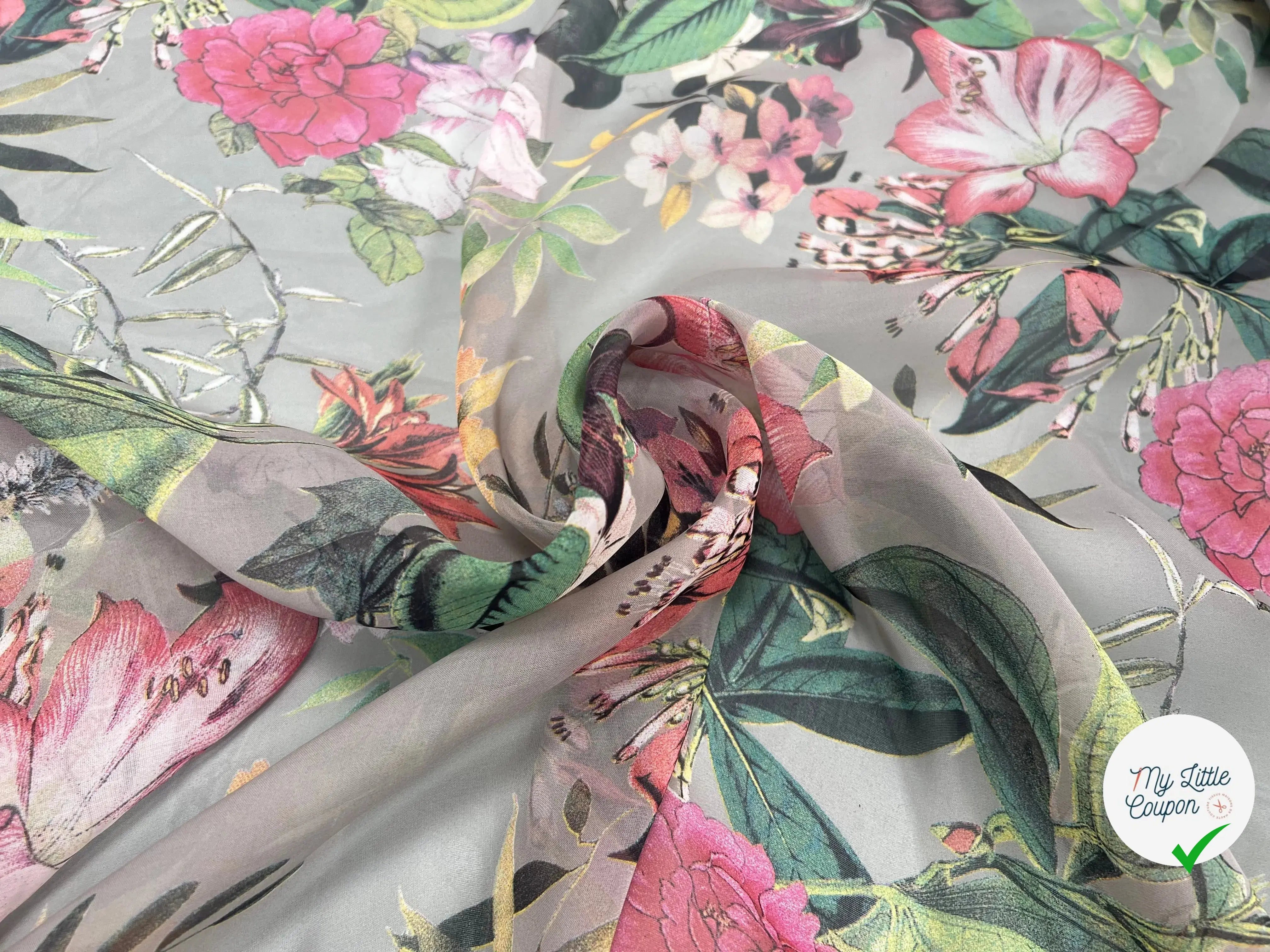 VOILE SOIE VISCOSE FOND GRIS FLEURS ORANGES - My Little Coupon