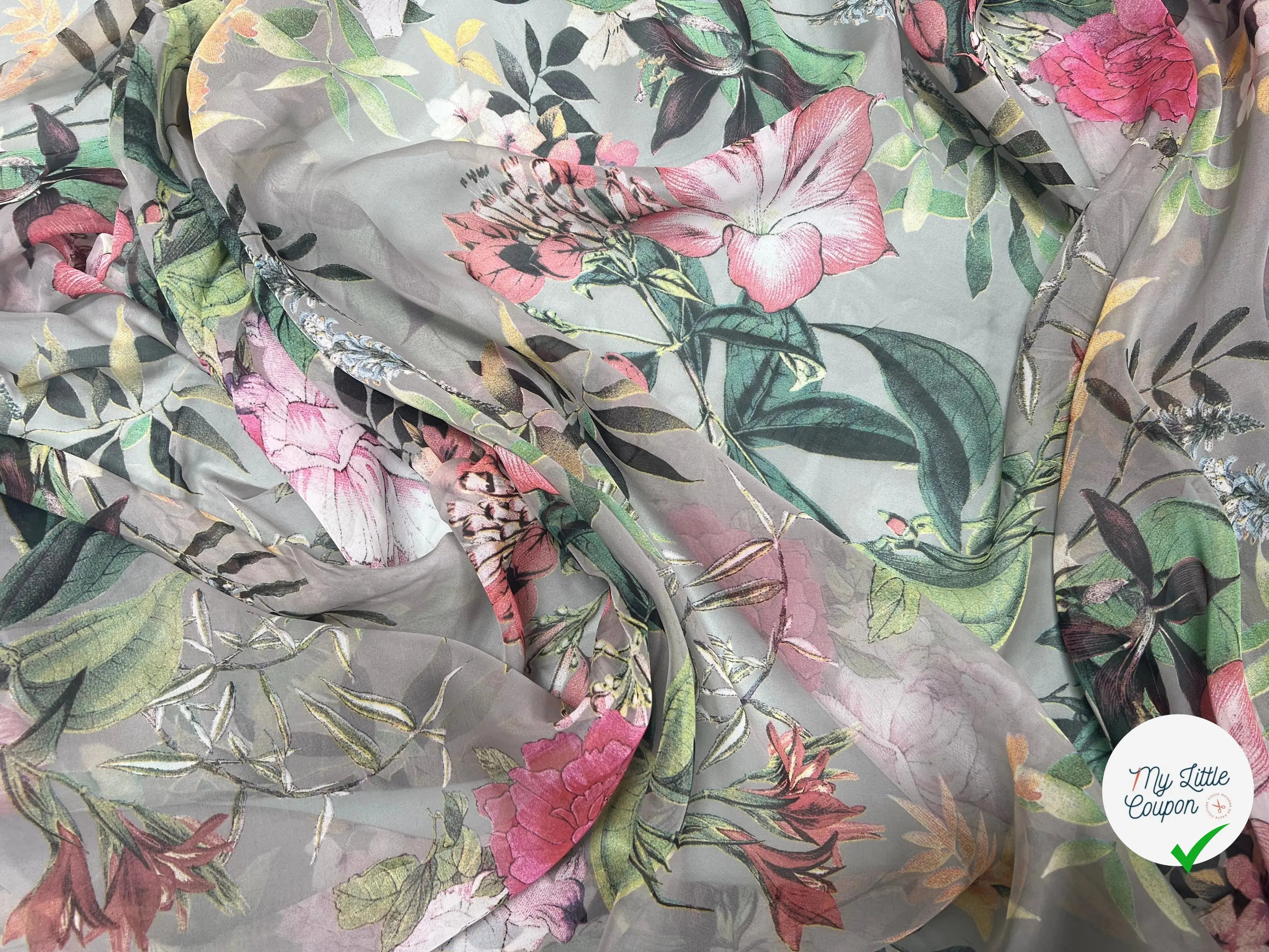 VOILE SOIE VISCOSE FOND GRIS FLEURS ORANGES - My Little Coupon