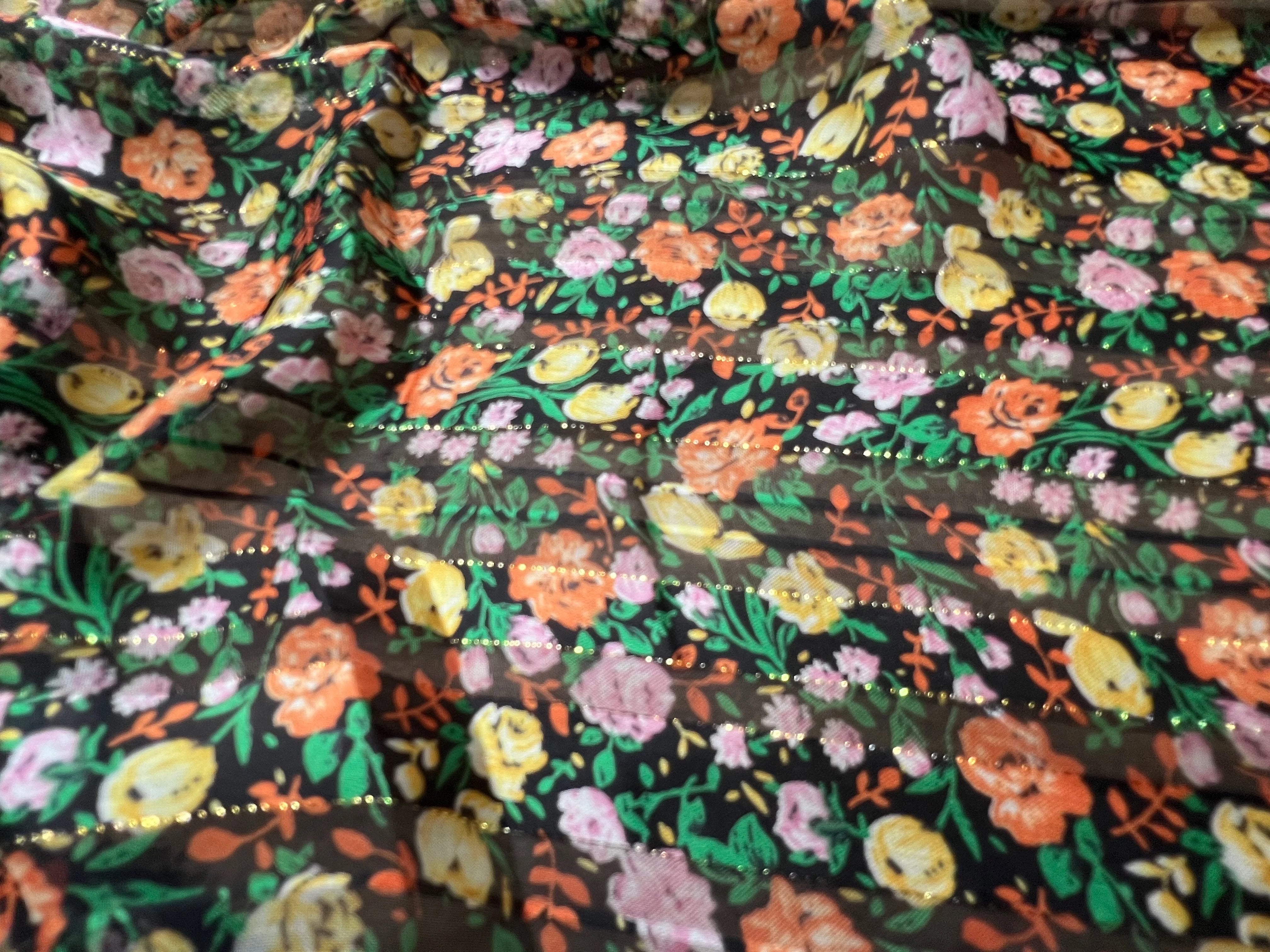 YORYU SATIN STRIPE IMPRIMÉ FLEURS FOND NOIR FINES RAYURES LUREX DORÉ - My Little Coupon