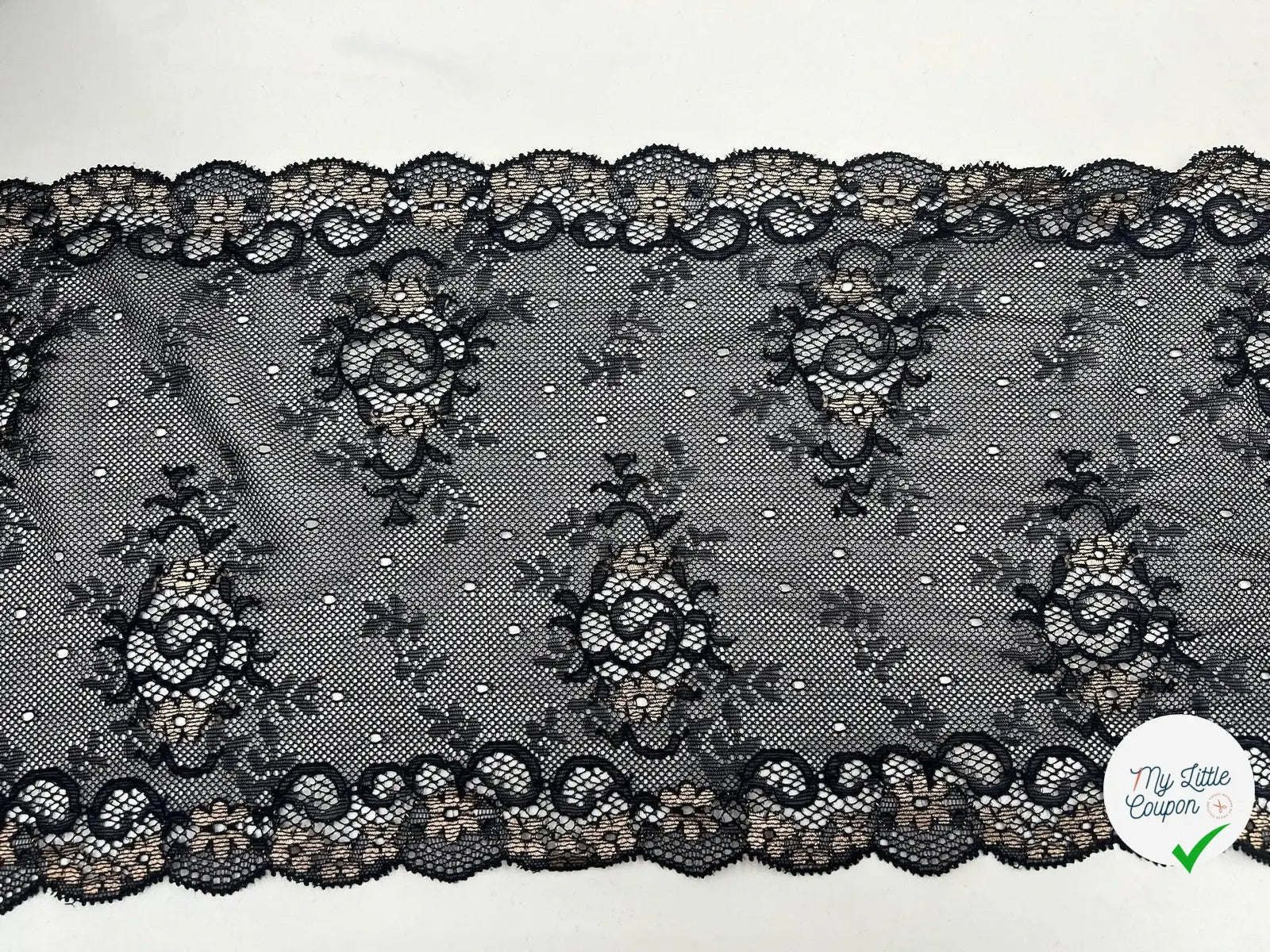 DENTELLE ÉLASTIQUE GRANDE LARGEUR FLEURIE NOIR BEIGE - My Little Coupon - tissu - coudre