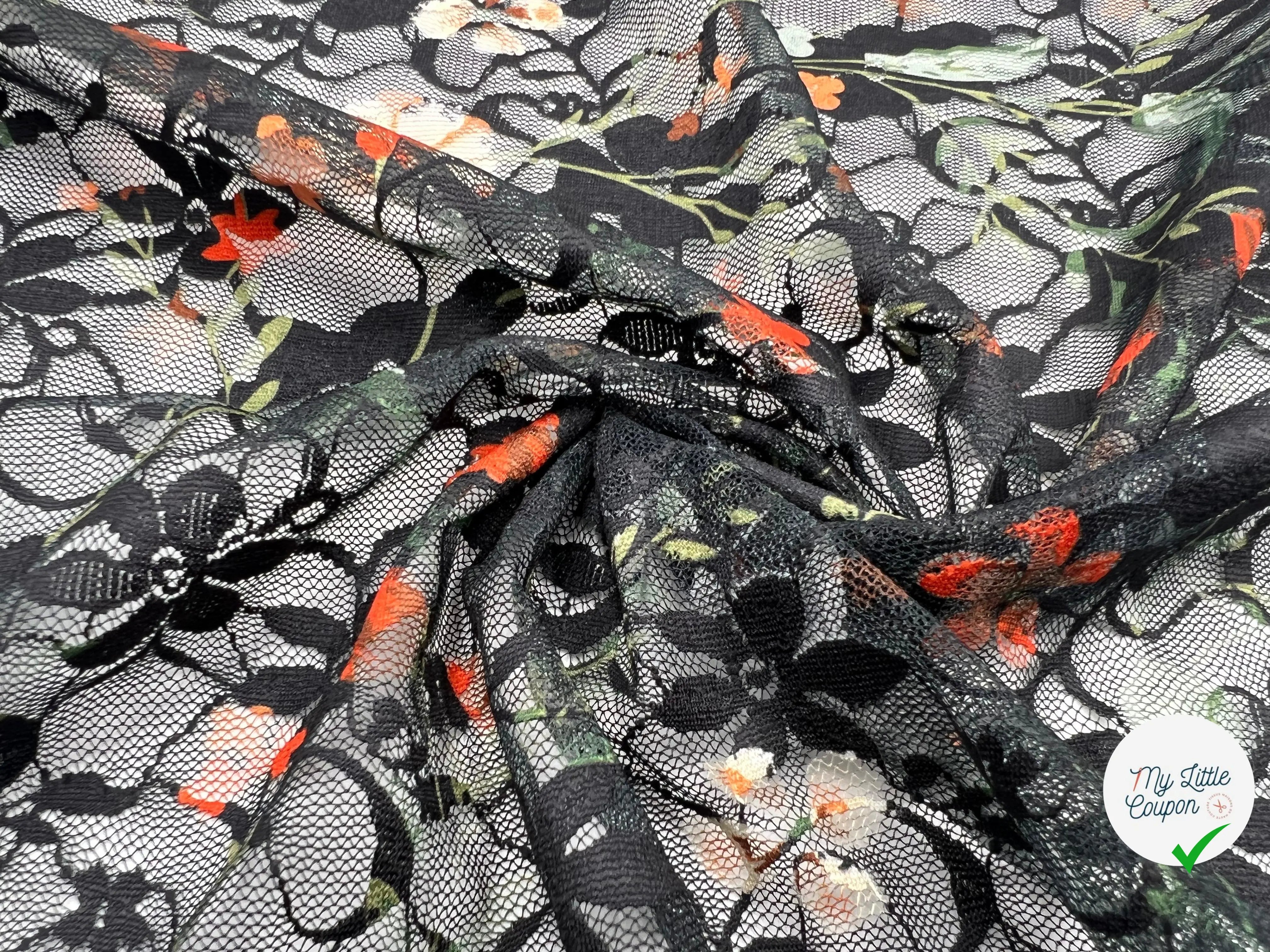 DENTELLE NOIR SUR IMPRIMÉ DE SIGNATURES FLORALES - My Little Coupon - tissu - coudre