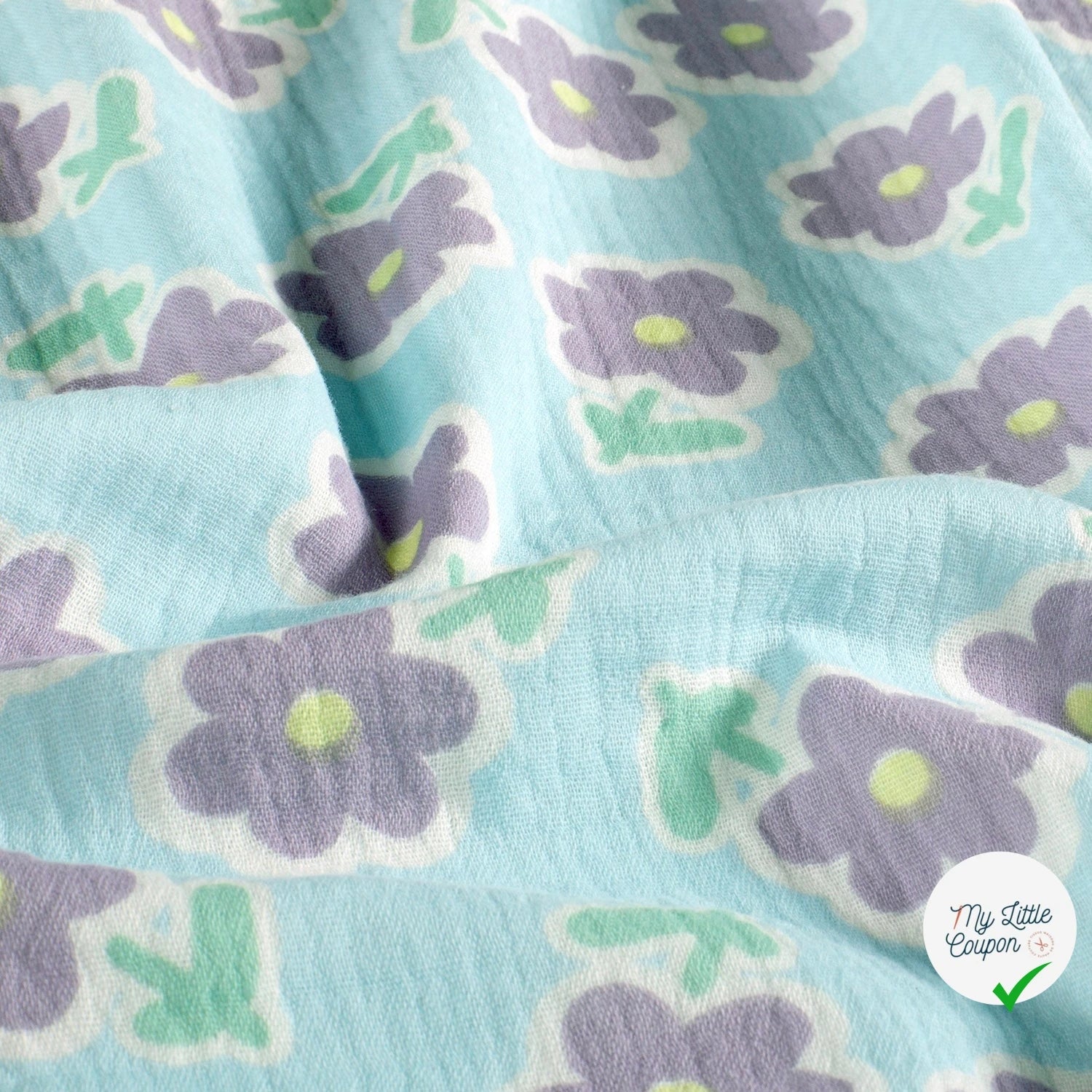 DOUBLE GAZE DE COTON FLEURS GLACE BLEU - My Little Coupon