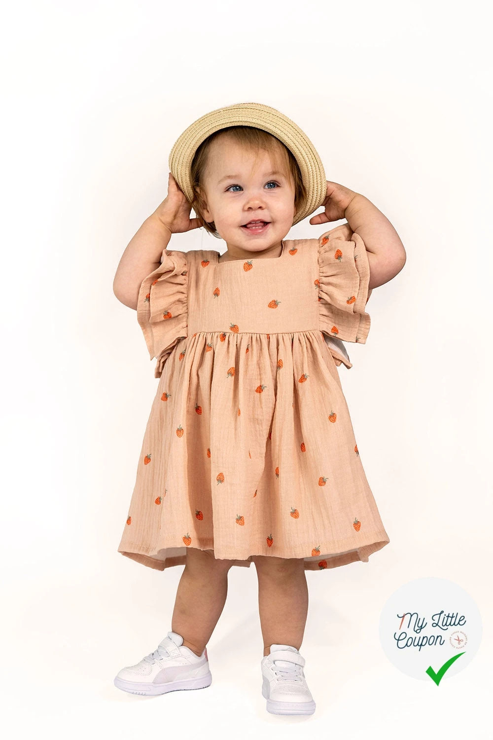 DOUBLE GAZE DE COTON FRAISES VIEUX ROSE - My Little Coupon