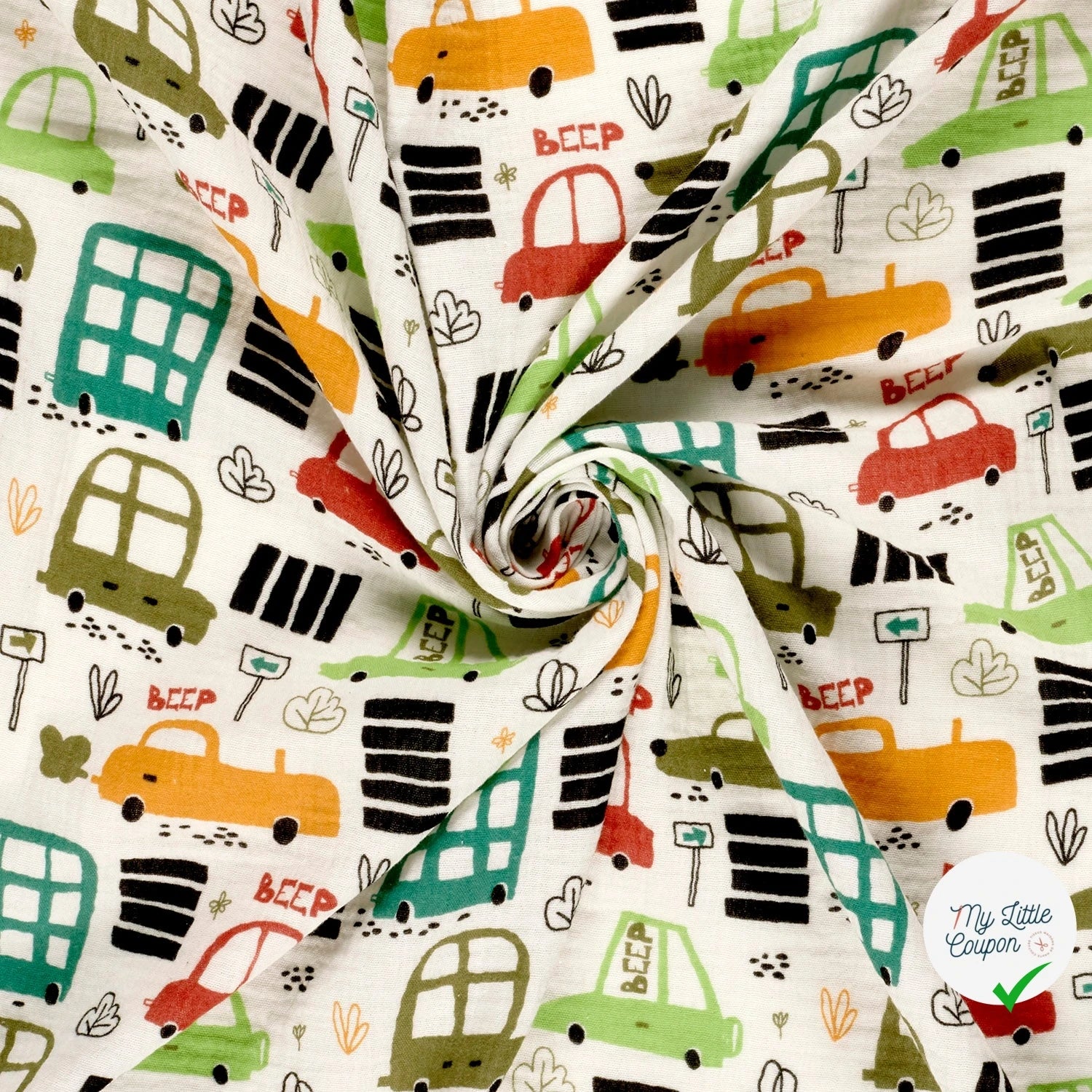 DOUBLE GAZE DE COTON VÉHICULES BLANC CASSÉ - My Little Coupon