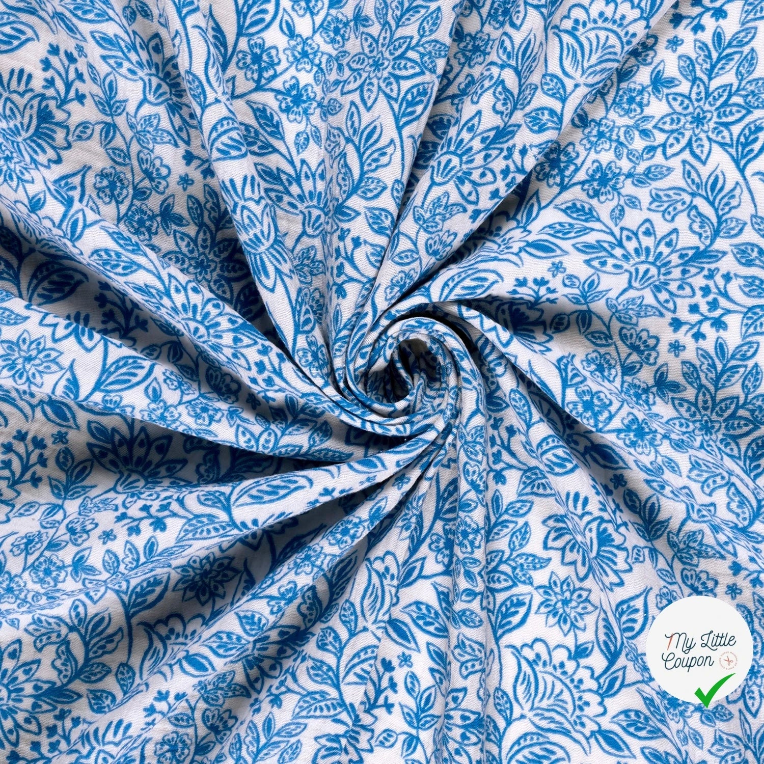DOUBLE GAZE TISSU IMPRIMÉ FLEURS INDIGO - My Little Coupon