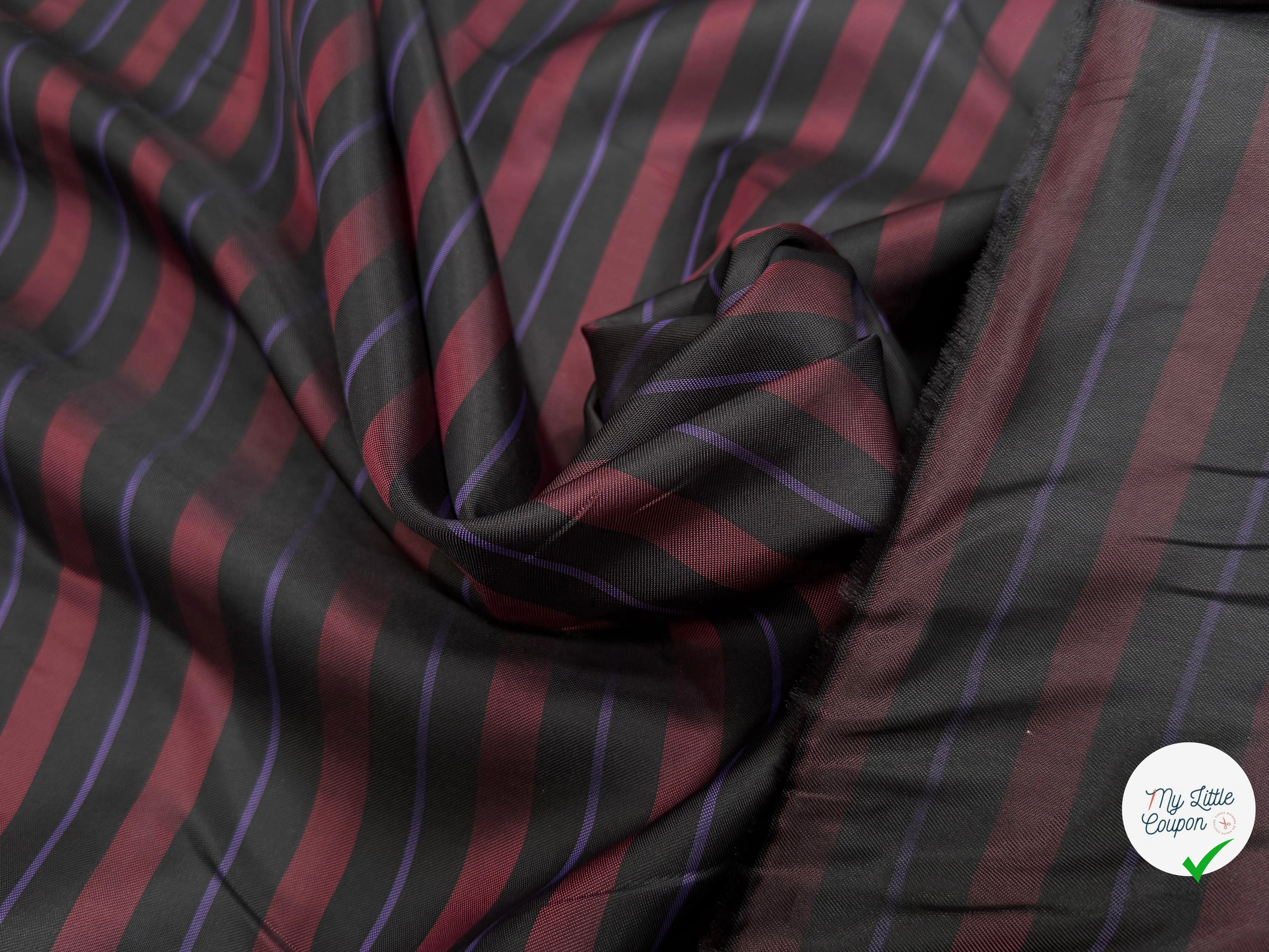 DOUBLURE ACETATE VISCOSE À RAYURES NOIR BORDEAUX VIOLET SUBLIME - My Little Coupon