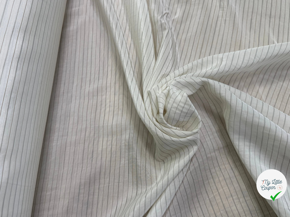 DOUBLURE VISCOSE LÉGÈREMENT SATINÉE ÉCRUE À RAYURES GRISES 100% VISCOSE - My Little Coupon