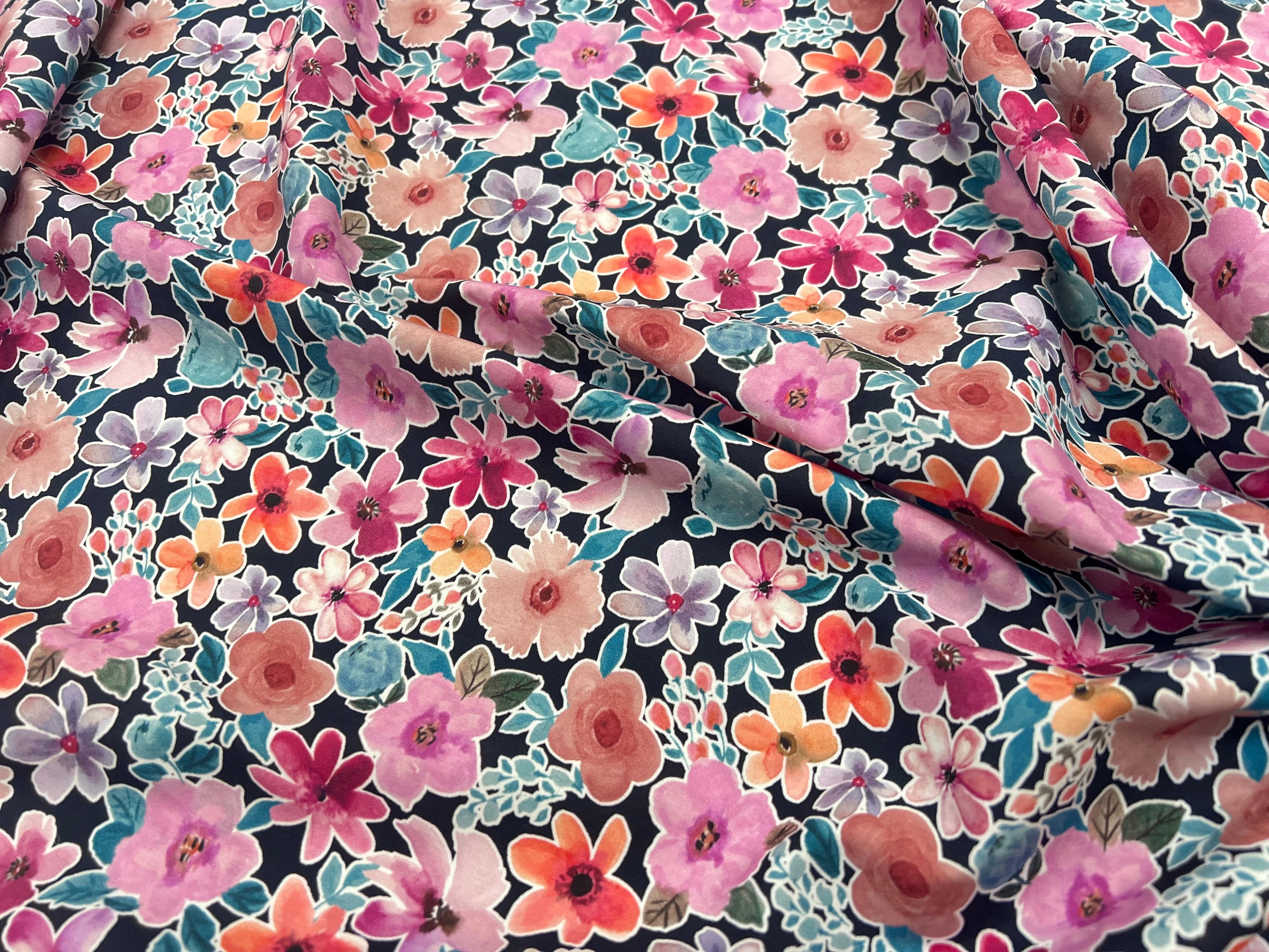 FINE POPLIN DIGITAL FLOWERS – NAVY - My Little Coupon