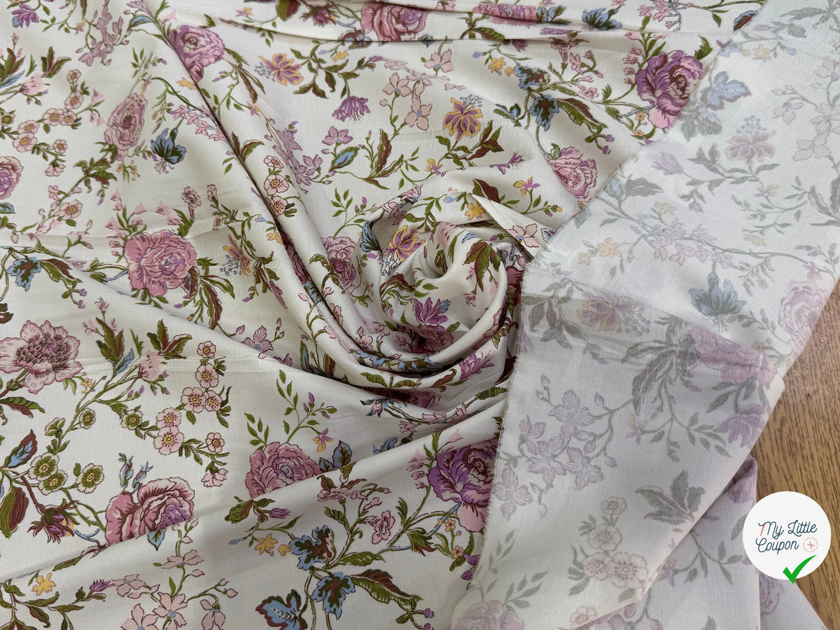 GABARDINE DE COTON FINE STRETCH ÉCRU JOLIES FLEURS ROSE VERT - My Little Coupon