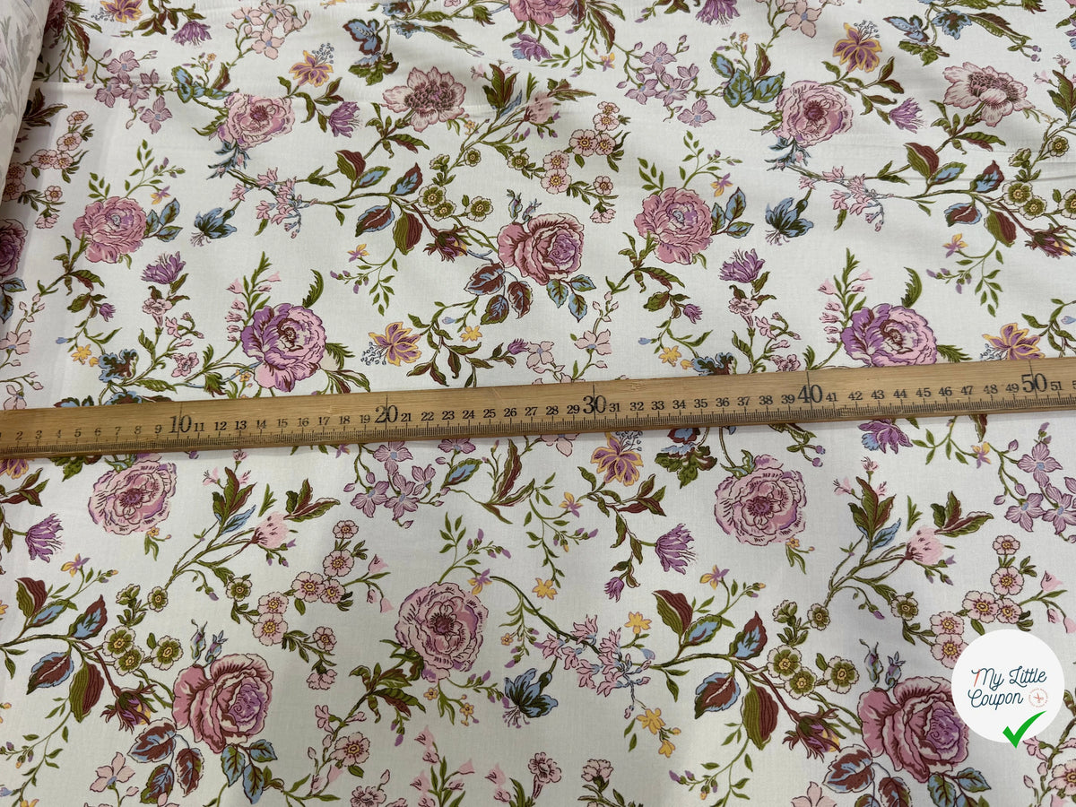 GABARDINE DE COTON FINE STRETCH ÉCRU JOLIES FLEURS ROSE VERT - My Little Coupon