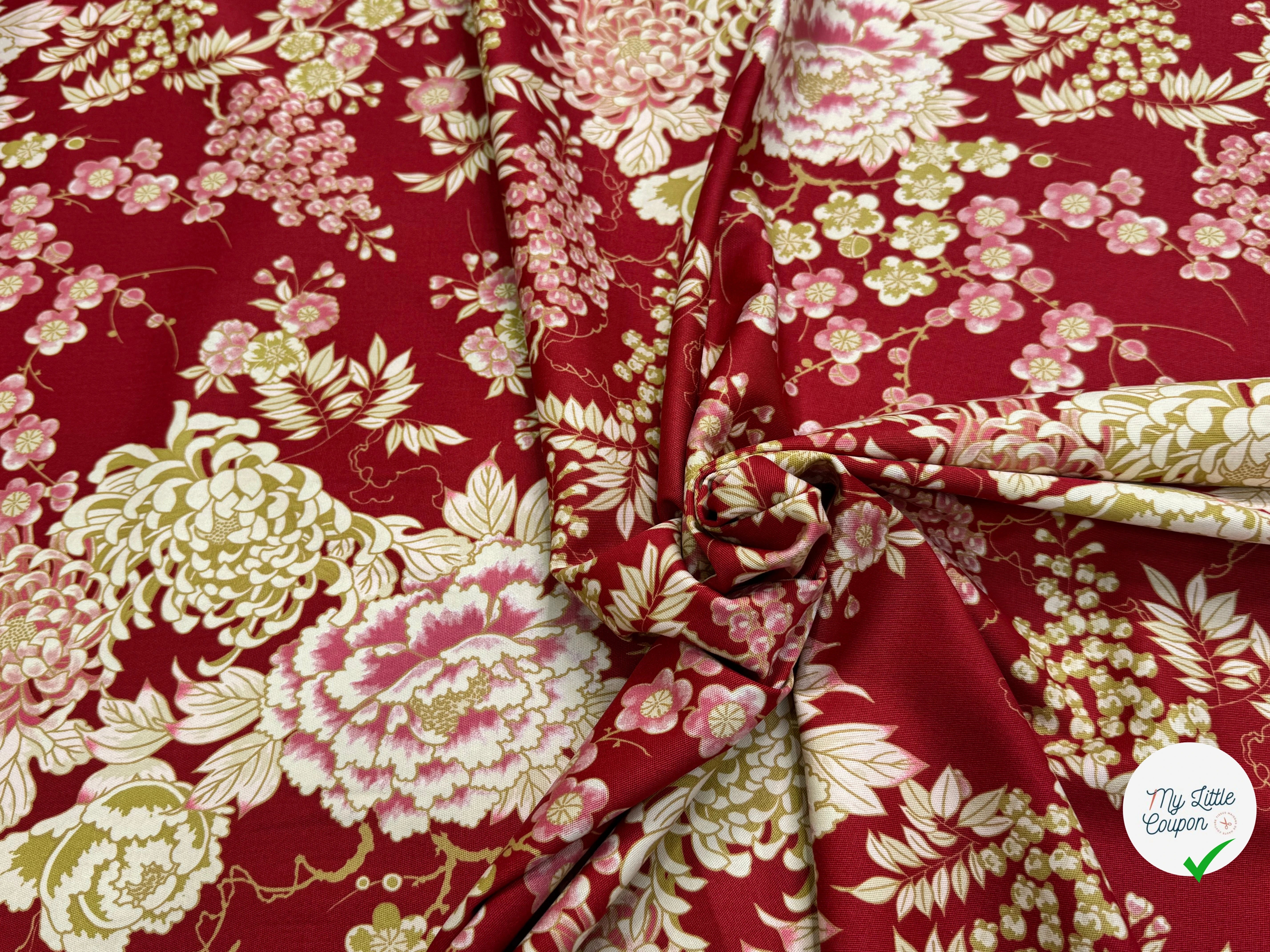 GABARDINE DE COTON STRETCH FOND ROUGE BORDEAUX FLORAL BELLE TENUE - My Little Coupon