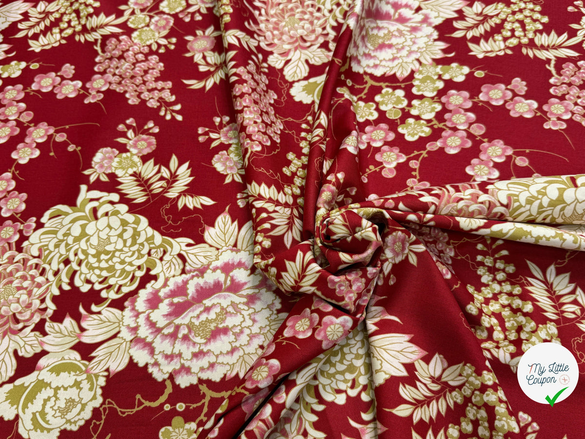 GABARDINE DE COTON STRETCH FOND ROUGE BORDEAUX FLORAL BELLE TENUE - My Little Coupon