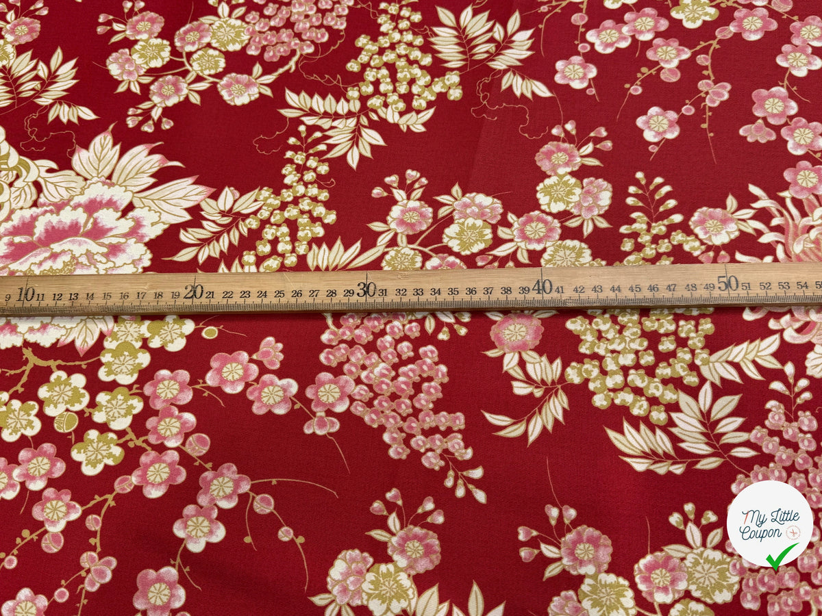 GABARDINE DE COTON STRETCH FOND ROUGE BORDEAUX FLORAL BELLE TENUE - My Little Coupon