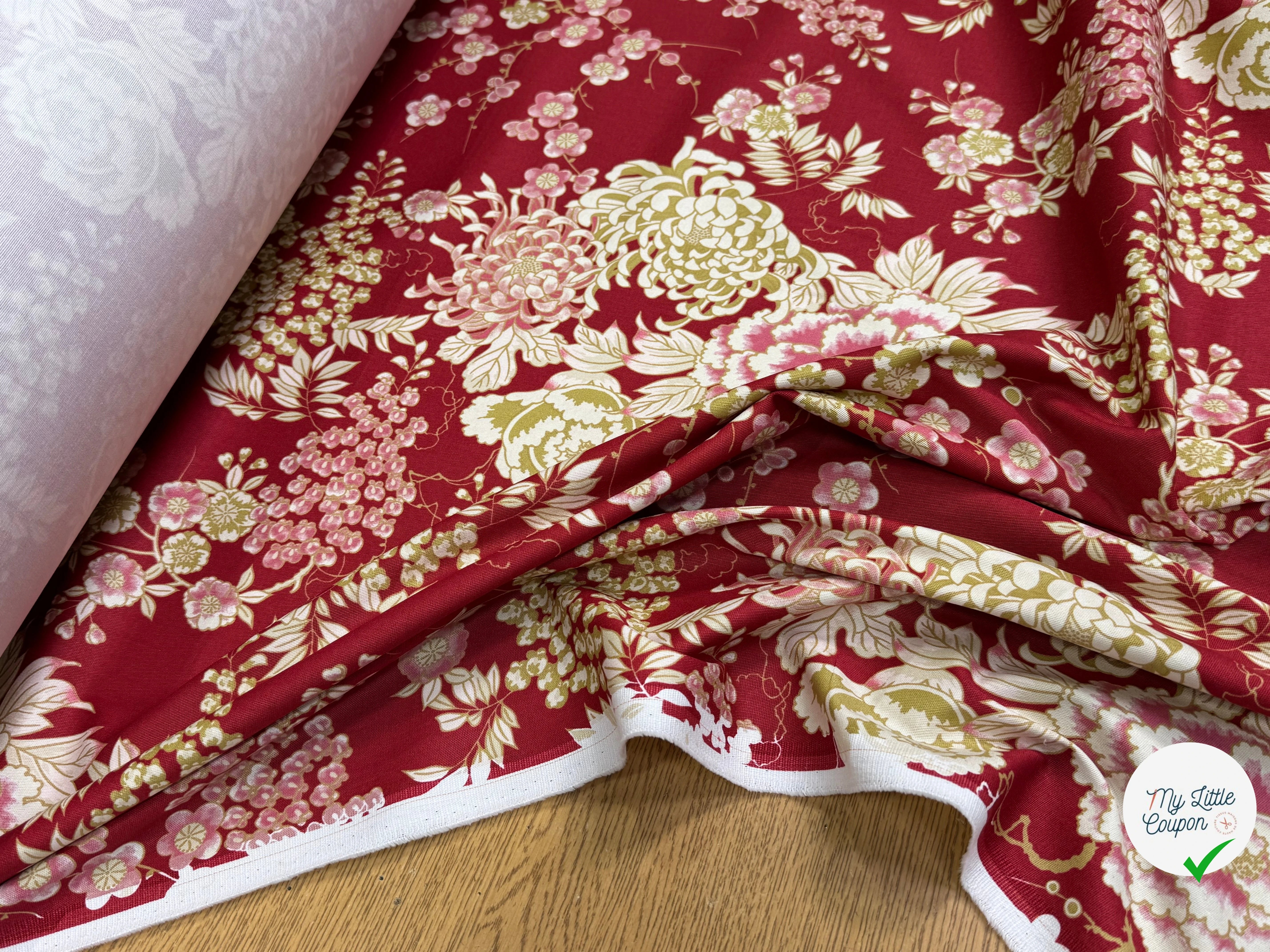 GABARDINE DE COTON STRETCH FOND ROUGE BORDEAUX FLORAL BELLE TENUE - My Little Coupon