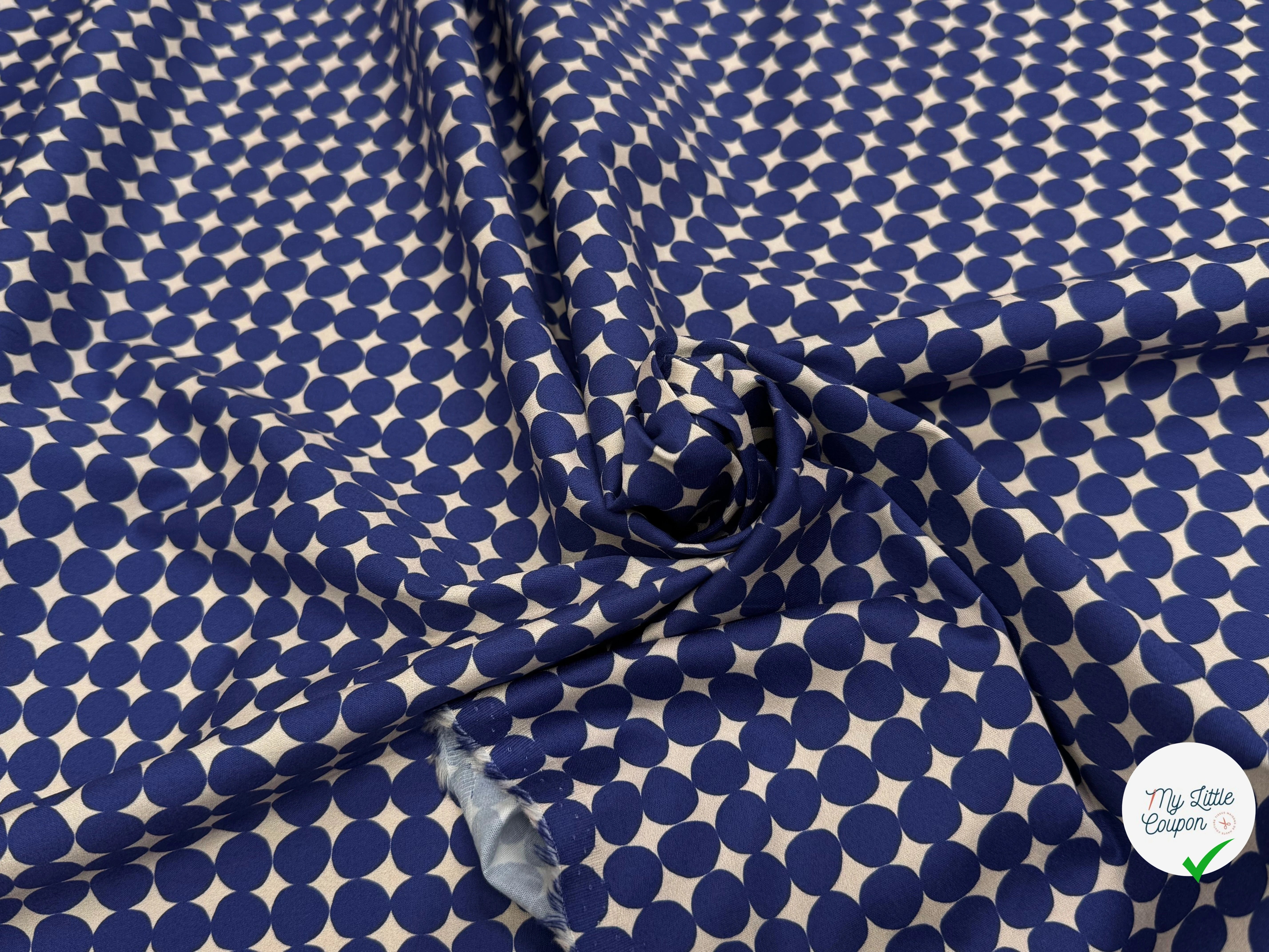 GABARDINE DE COTON STRETCH IMPRIMÉE POIS ARTEMIDE ROND BLEU - My Little Coupon