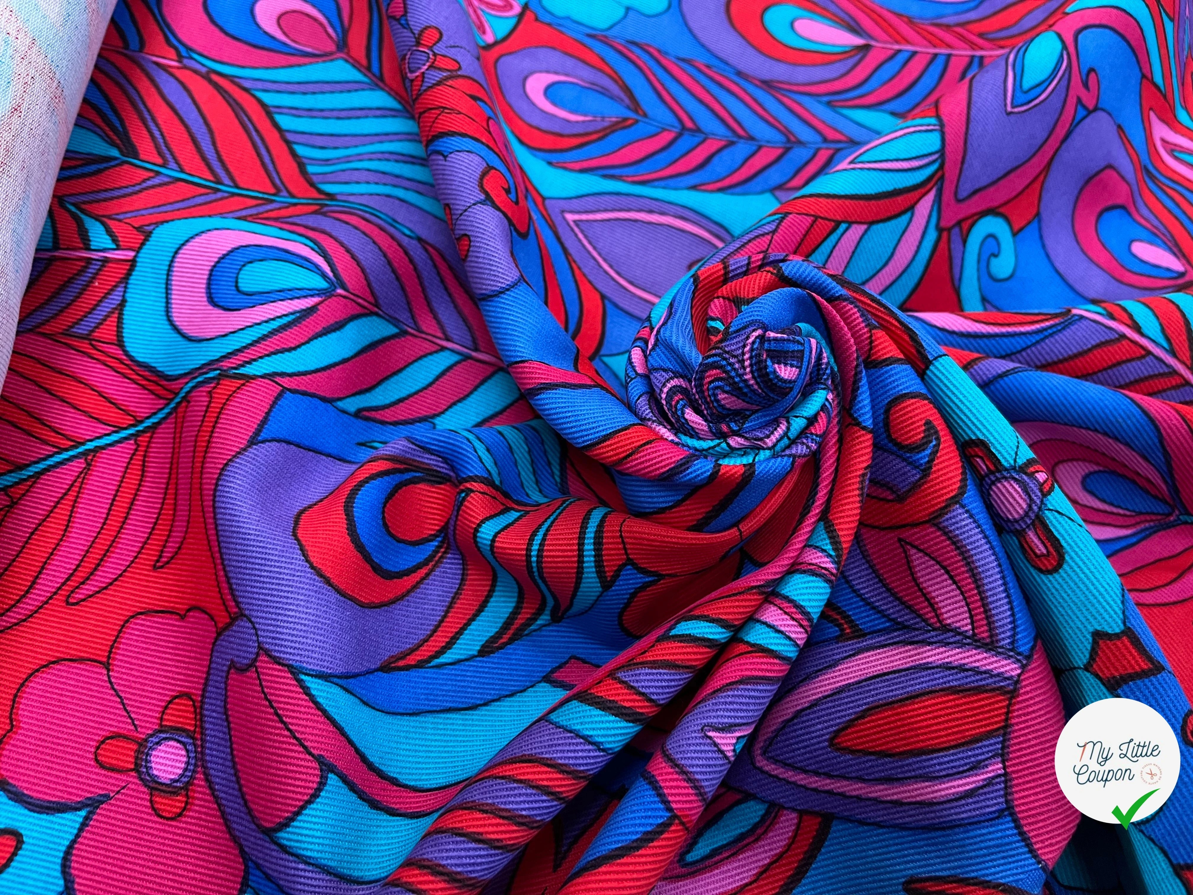 GABARDINE DE COTON STRIÉE MOTIF GROSSES FLEURS BLEU VIOLET&ROUGE 90CM - My Little Coupon