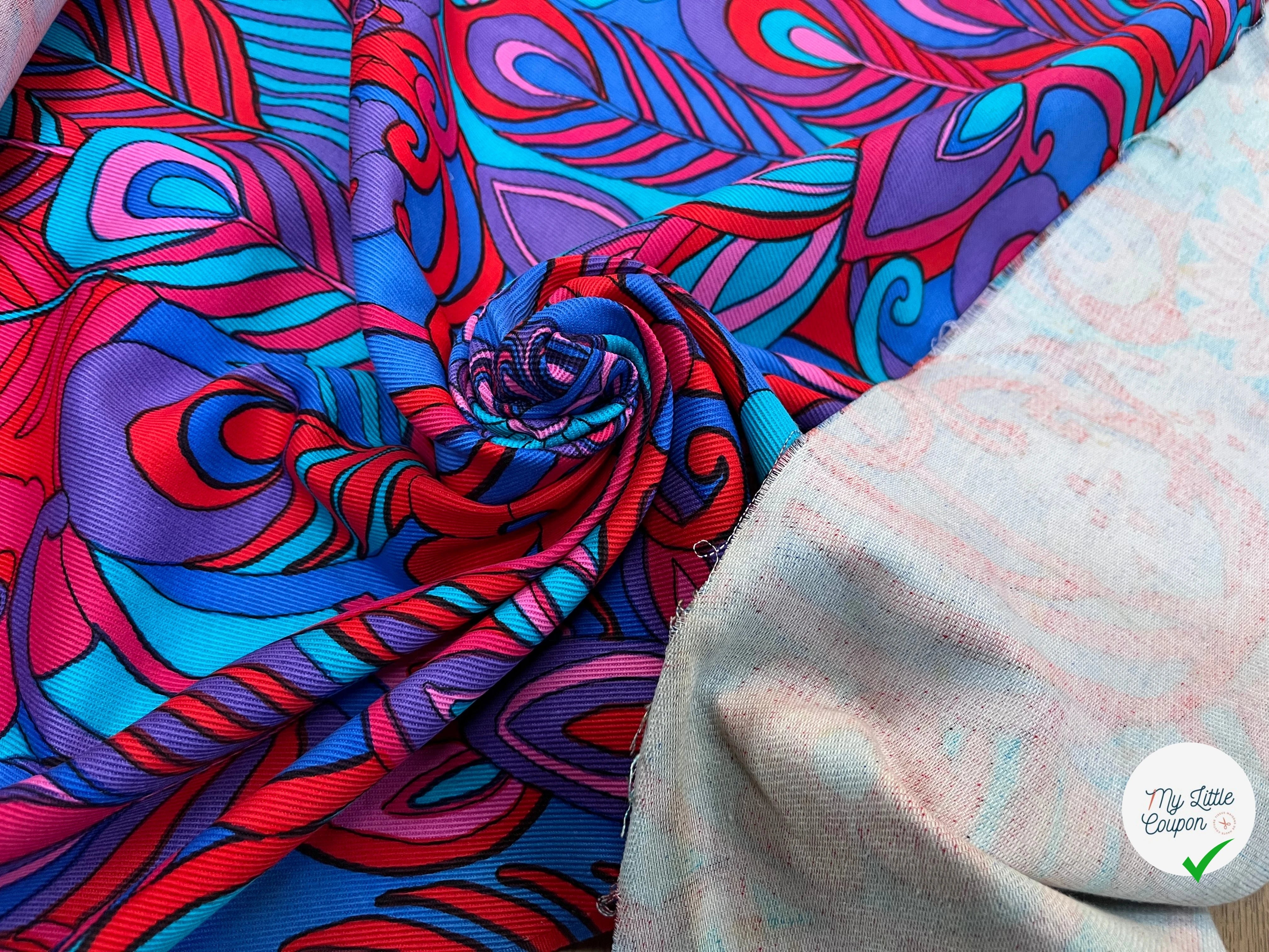 GABARDINE DE COTON STRIÉE MOTIF GROSSES FLEURS BLEU VIOLET&ROUGE 90CM - My Little Coupon