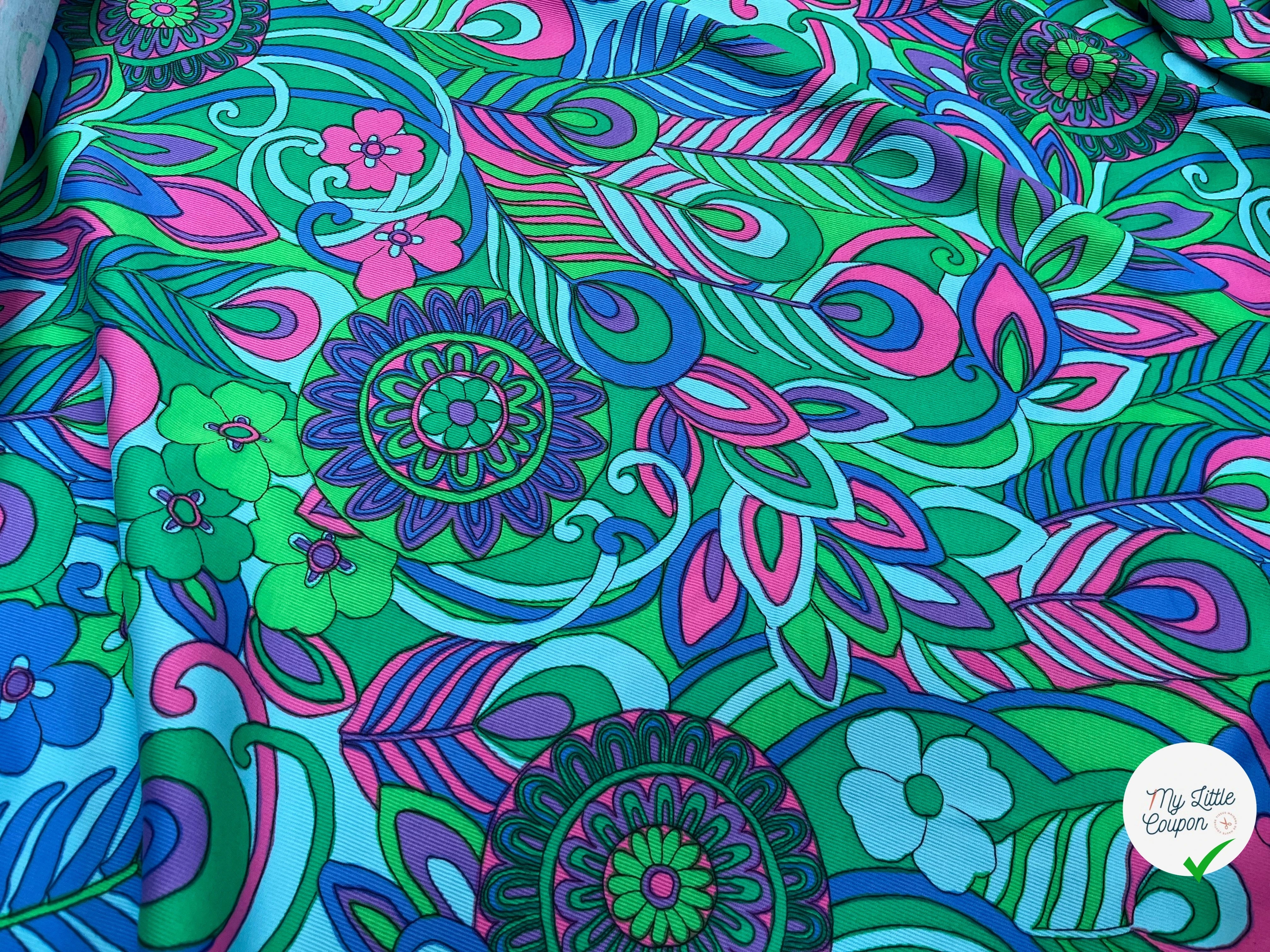 GABARDINE DE COTON STRIÉE MOTIF GROSSES FLEURS VERT BLEU ROSE 90CM - My Little Coupon