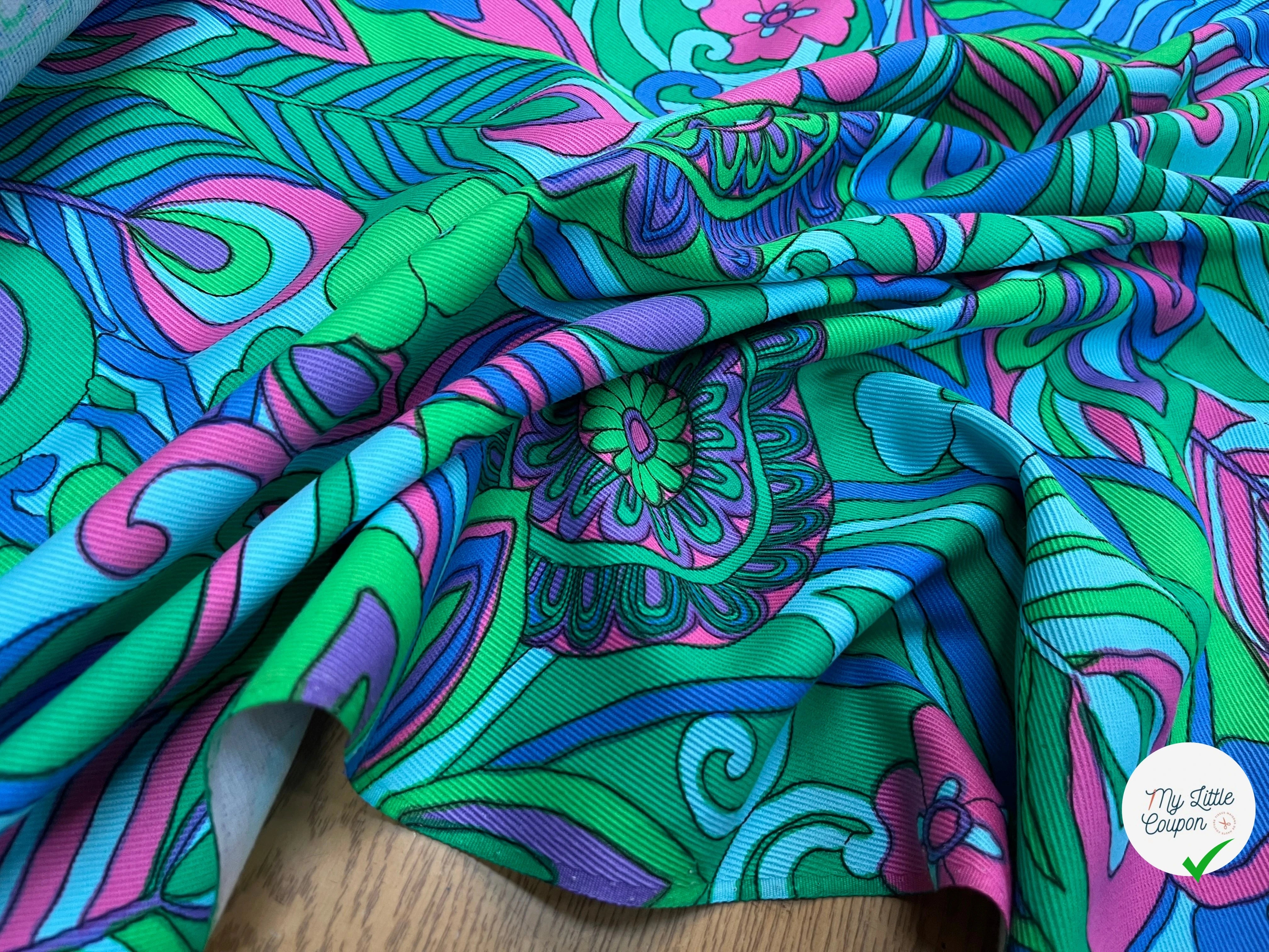 GABARDINE DE COTON STRIÉE MOTIF GROSSES FLEURS VERT BLEU ROSE 90CM - My Little Coupon