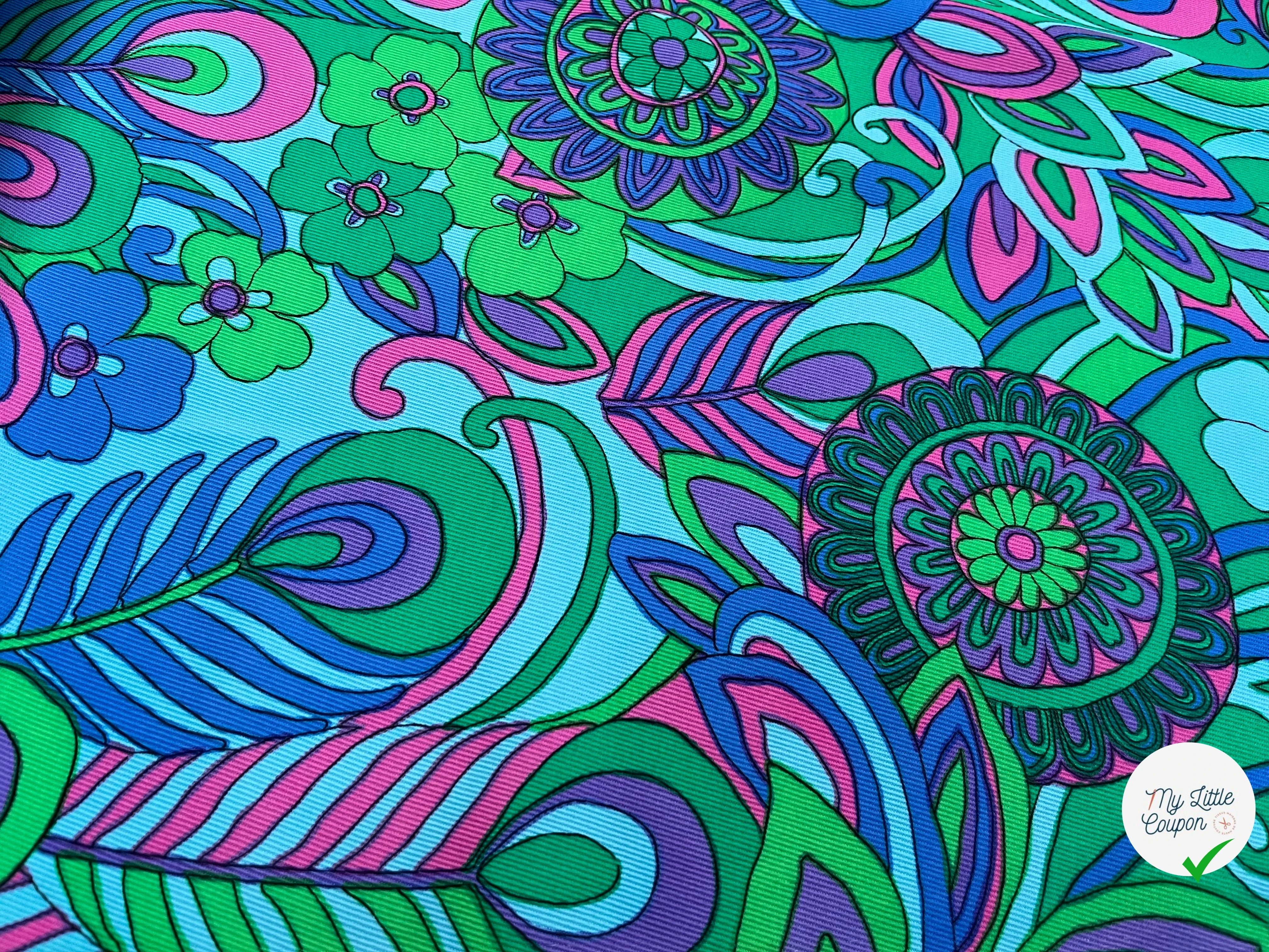 GABARDINE DE COTON STRIÉE MOTIF GROSSES FLEURS VERT BLEU ROSE 90CM - My Little Coupon